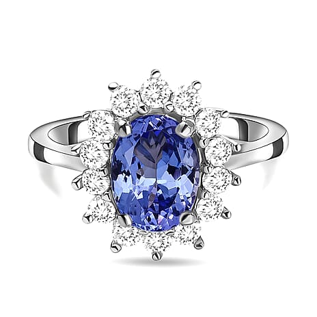 Premium Tanzanite & Natural Zircon Halo Ring in Platinum Overlay Sterling Silver 4.04 Ct.