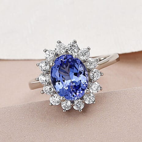 Premium Tanzanite & Natural Zircon Halo Ring in Platinum Overlay Sterling Silver 4.04 Ct.