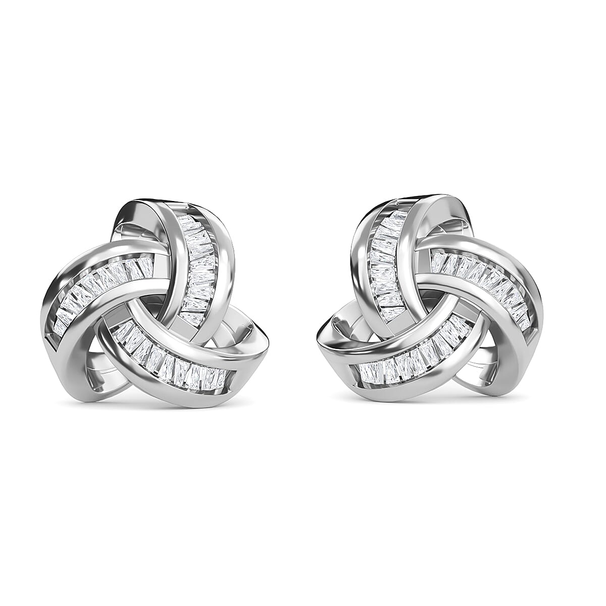 Diamond Knot Carat Stud Earrings (With Push Back) in Platinum Overlay Sterling Silver 0.13 Ct.