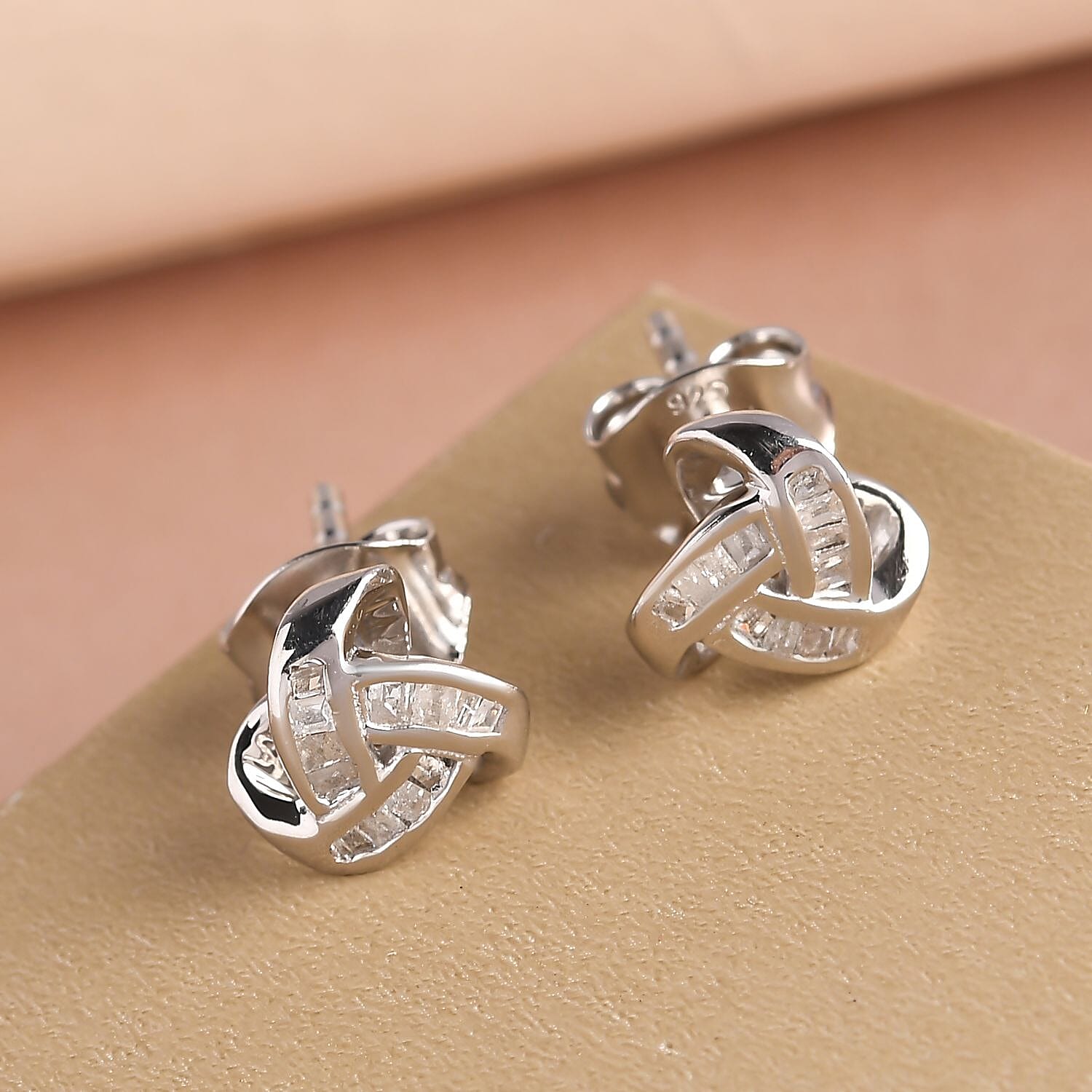 Diamond Knot Carat Stud Earrings (With Push Back) in Platinum Overlay Sterling Silver 0.13 Ct.