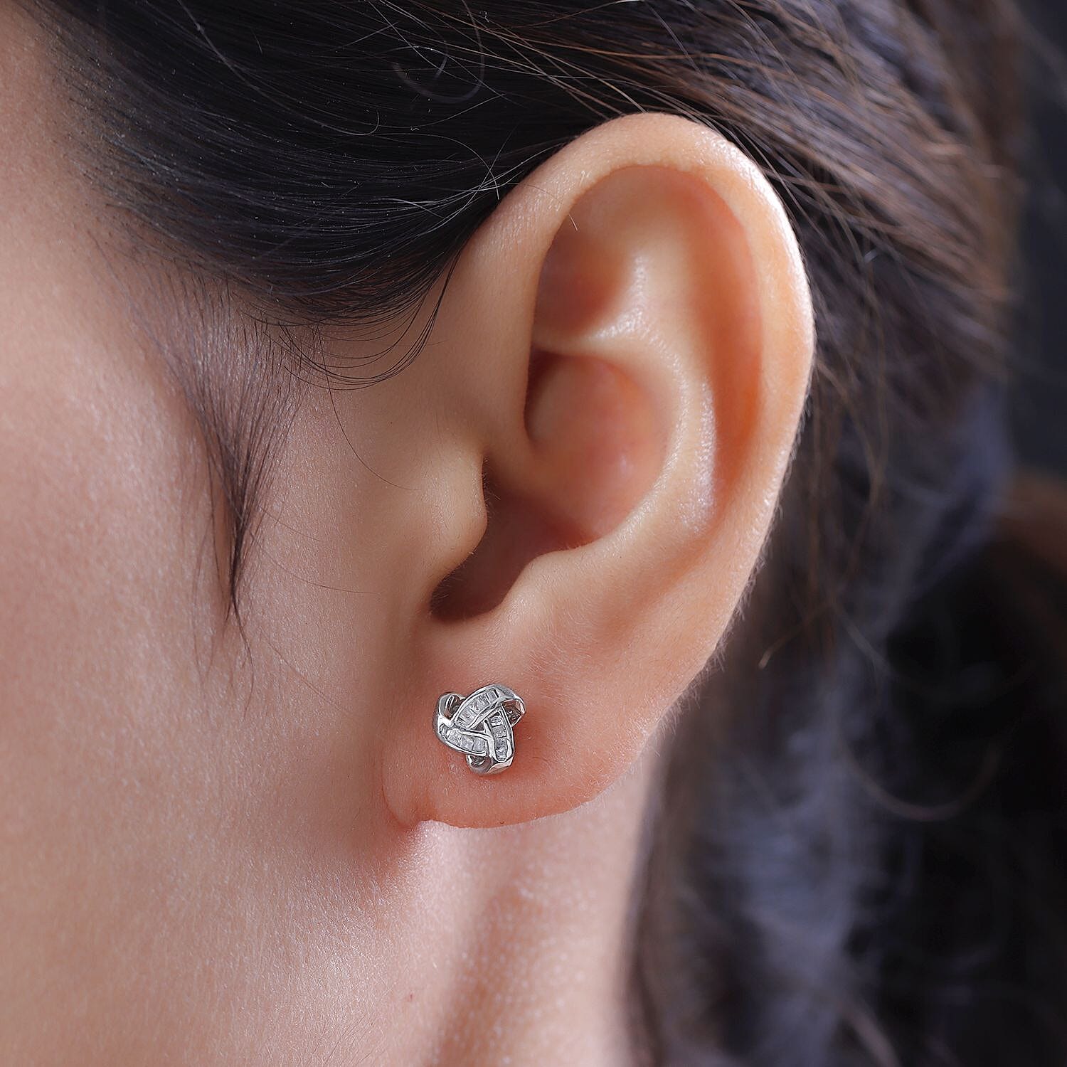 Diamond Knot Carat Stud Earrings (With Push Back) in Platinum Overlay Sterling Silver 0.13 Ct.