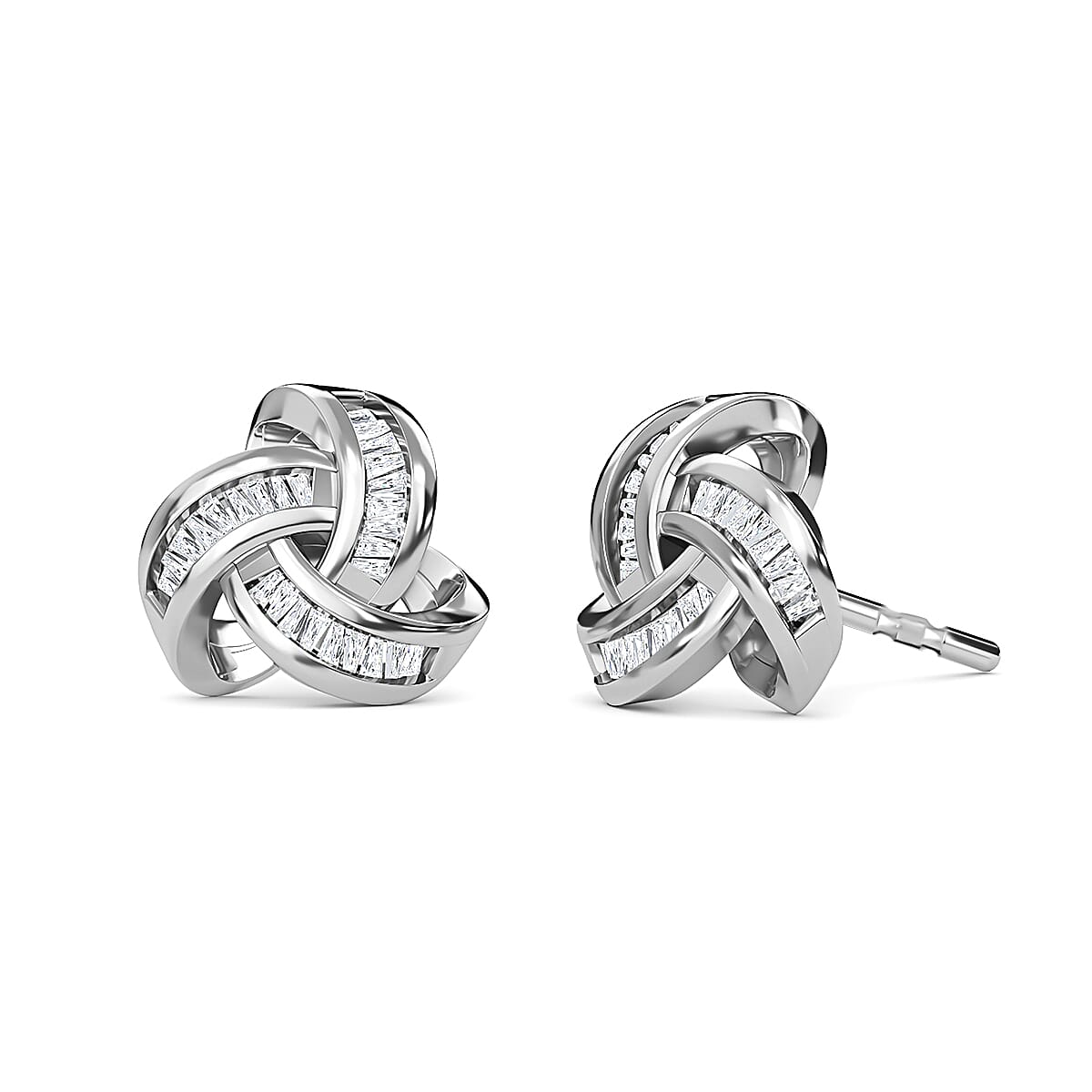 Diamond Knot Carat Stud Earrings (With Push Back) in Platinum Overlay Sterling Silver 0.13 Ct.