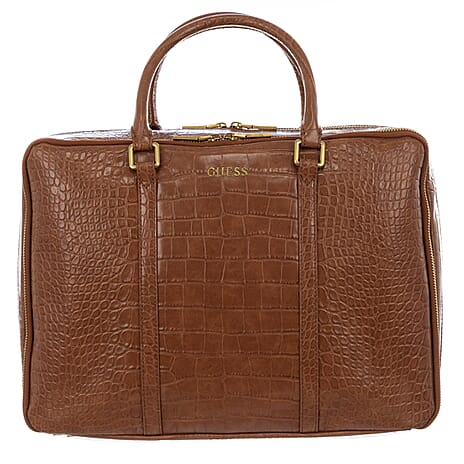 GUESS Ethan Croc Embossed Laptop - Weekend Handbag with Handle Drop - Brown