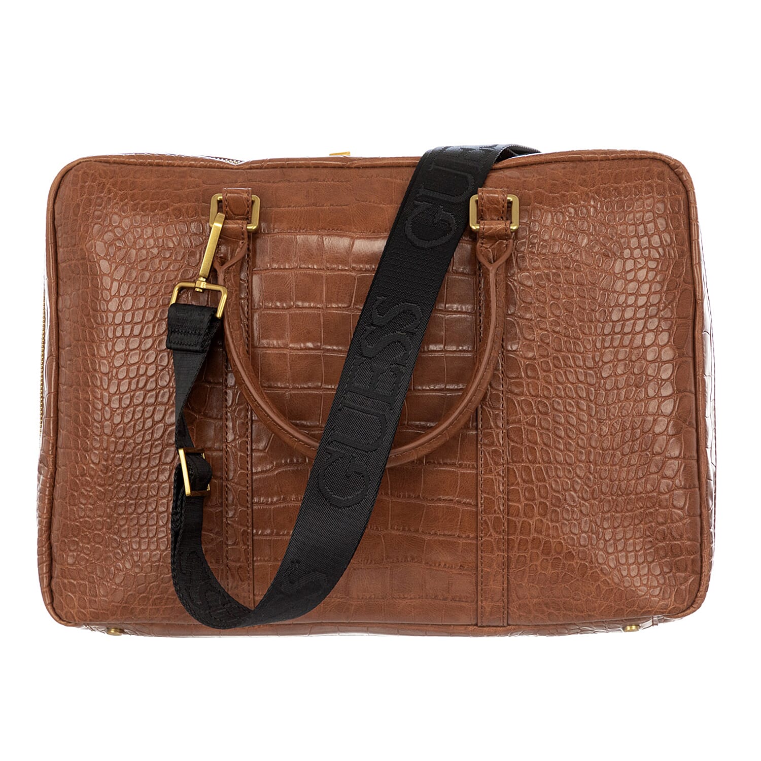 GUESS Ethan Croc Embossed Laptop - Weekend Handbag with Handle Drop - Brown
