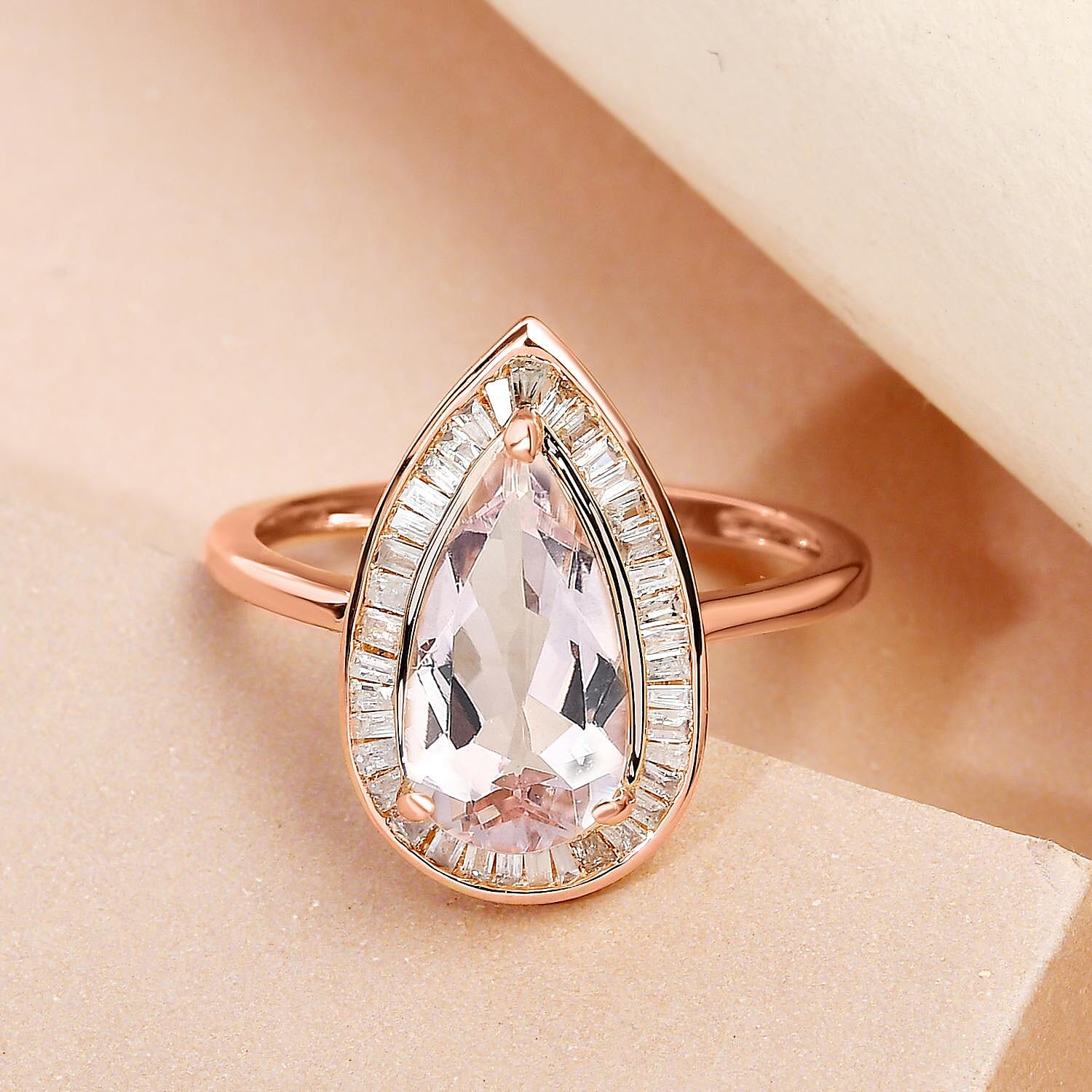 9K Rose Gold Premium Zambezia Morganite (Pear 13x7mm) and Diamond Ring 2.41 Ct.
