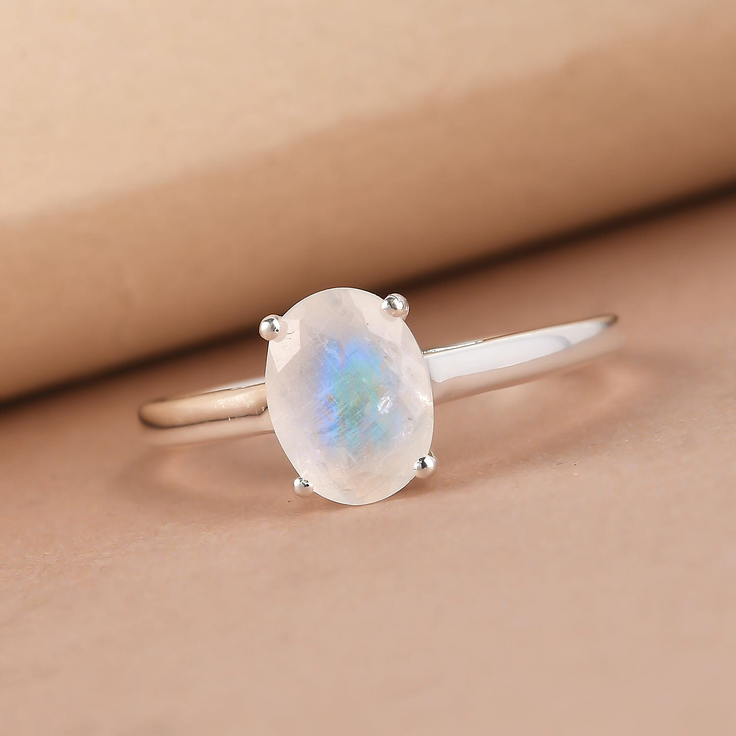 Rainbow Moonstone Solitaire Ring in Sterling Silver 1.20 Ct.