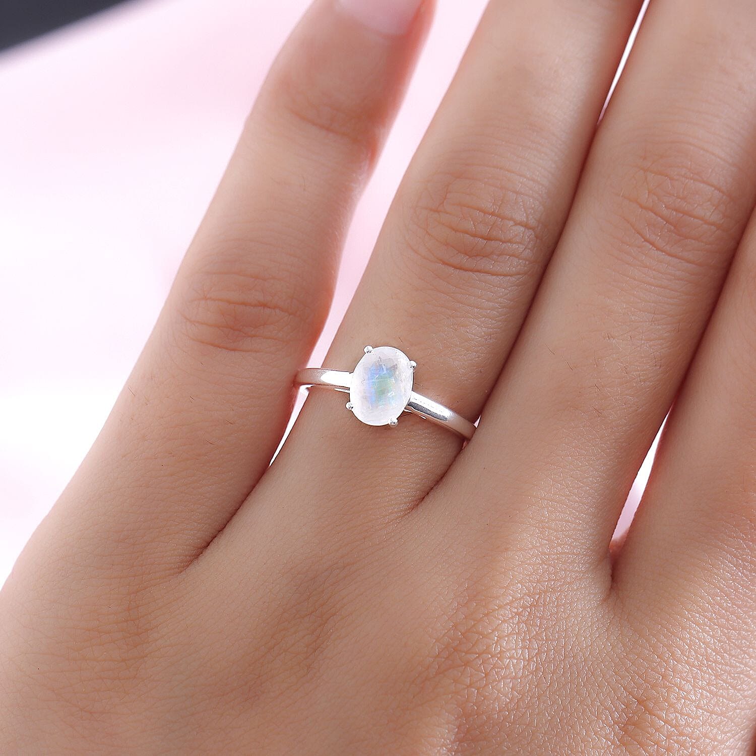 Rainbow Moonstone Solitaire Ring in Sterling Silver 1.20 Ct.