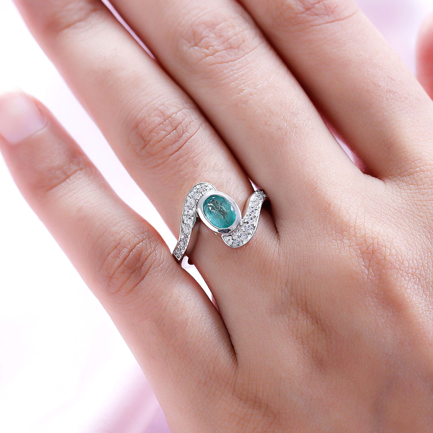 Emerald and Natural Zircon Bypass Ring in Platinum Overlay Sterling Silver 1.18 Ct.