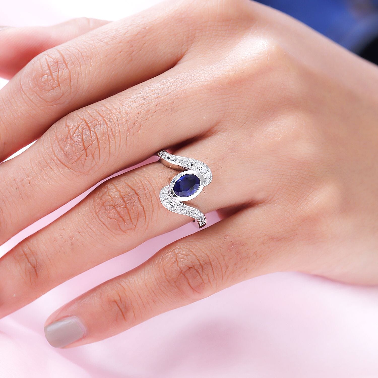 Masoala Sapphire (FF) and Natural Zircon Bypass Ring in Platinum Overlay Sterling Silver 1.60 Ct.