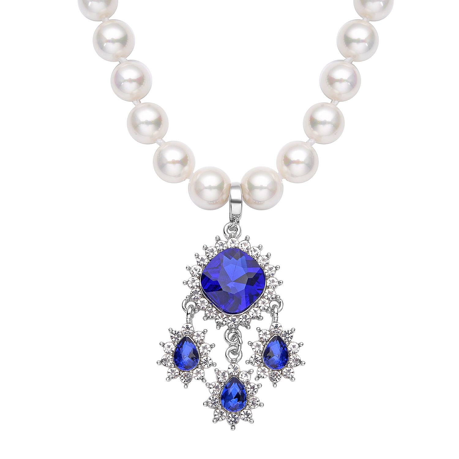 Victorian Era Inspired Simulated Tanzanite and White Austrian Crystal Pendant in Silver Tone