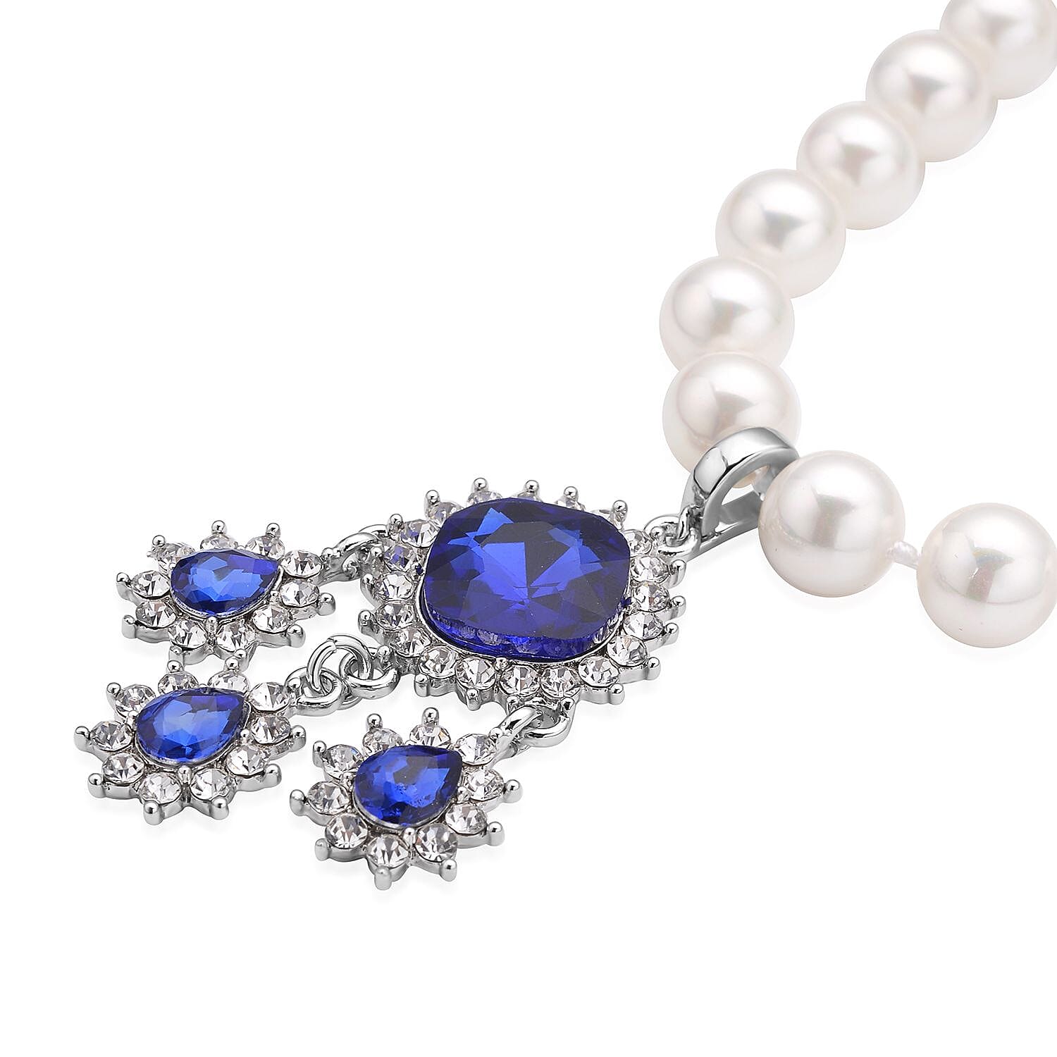 Victorian Era Inspired Simulated Tanzanite and White Austrian Crystal Pendant in Silver Tone