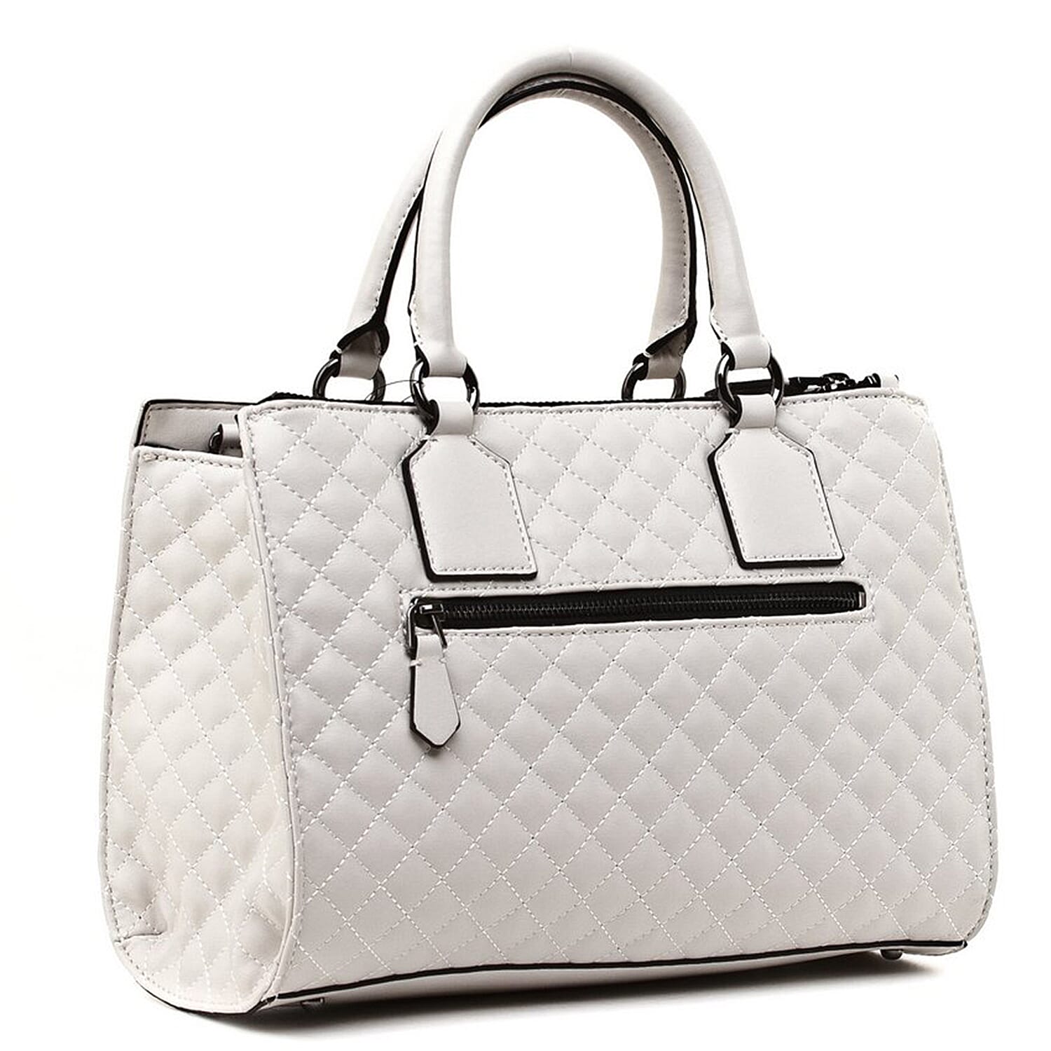 GUESS Stassie Society Diamond Pattern Satchel Handbag with Shoulder Strap (Size 31x23x11 Cm) - White