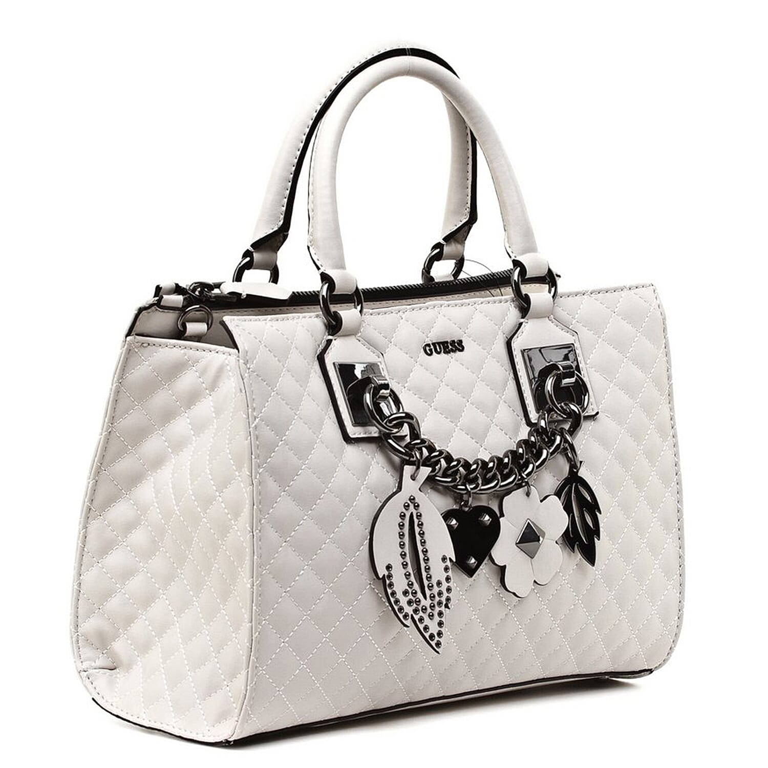 GUESS Stassie Society Diamond Pattern Satchel Handbag with Shoulder Strap (Size 31x23x11 Cm) - White