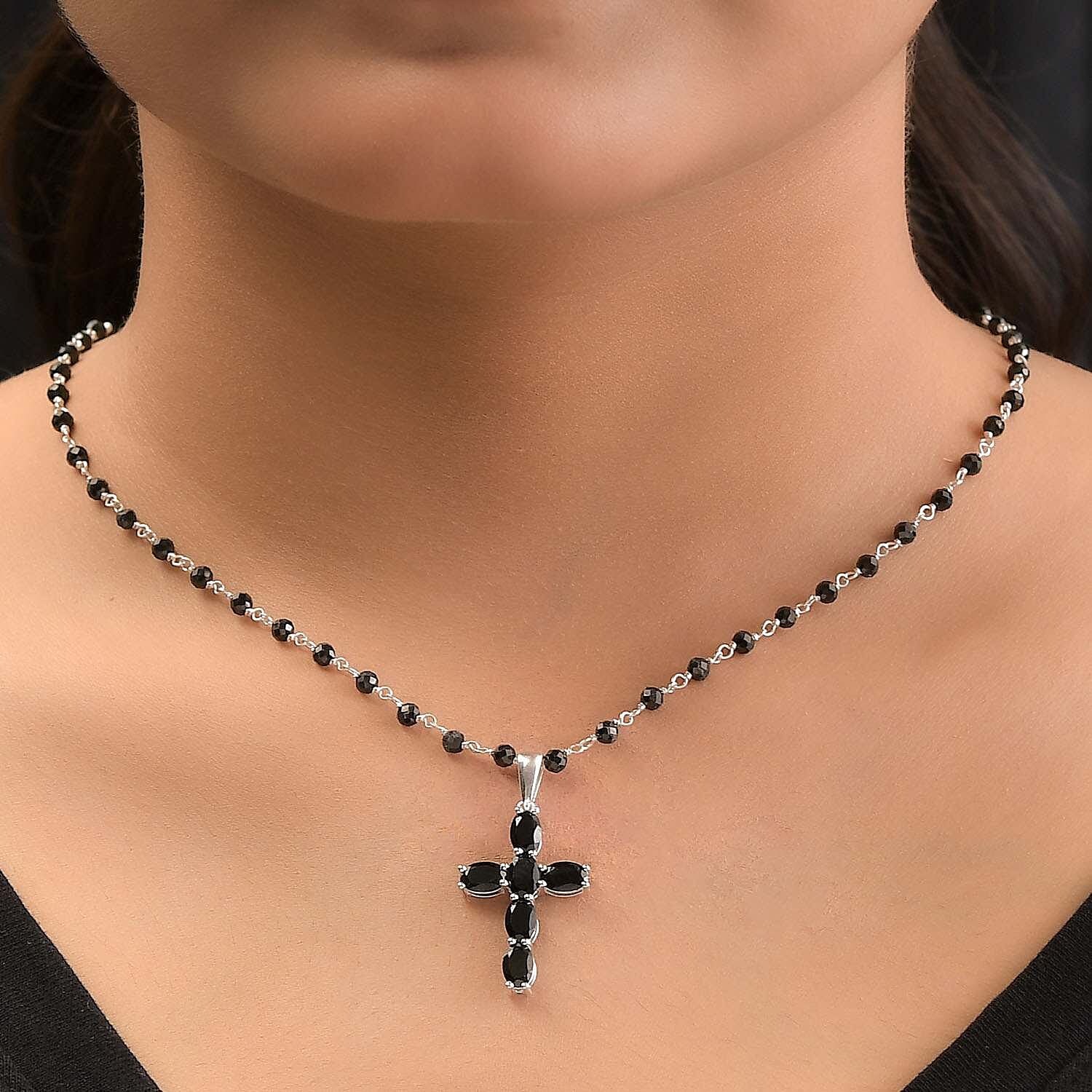 Boi Ploi Black Spinel Cross Necklace (Size 20) in Sterling Silver 18.94 Ct.