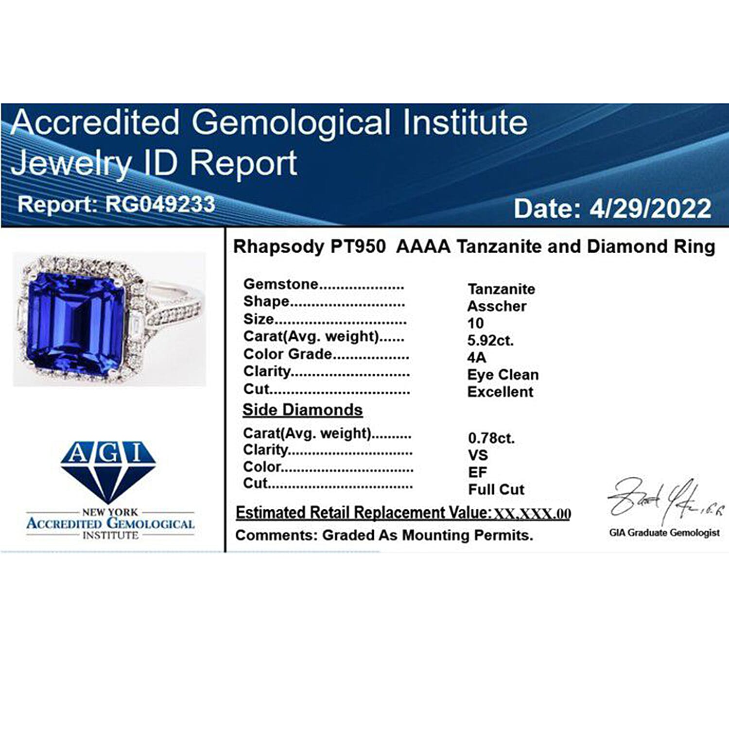 AGI Certified and Appraised RHAPSODY 950 Platinum AAAA Tanzanite and VS EF Diamond Halo Ring 8.50 Grams 6.70 ct