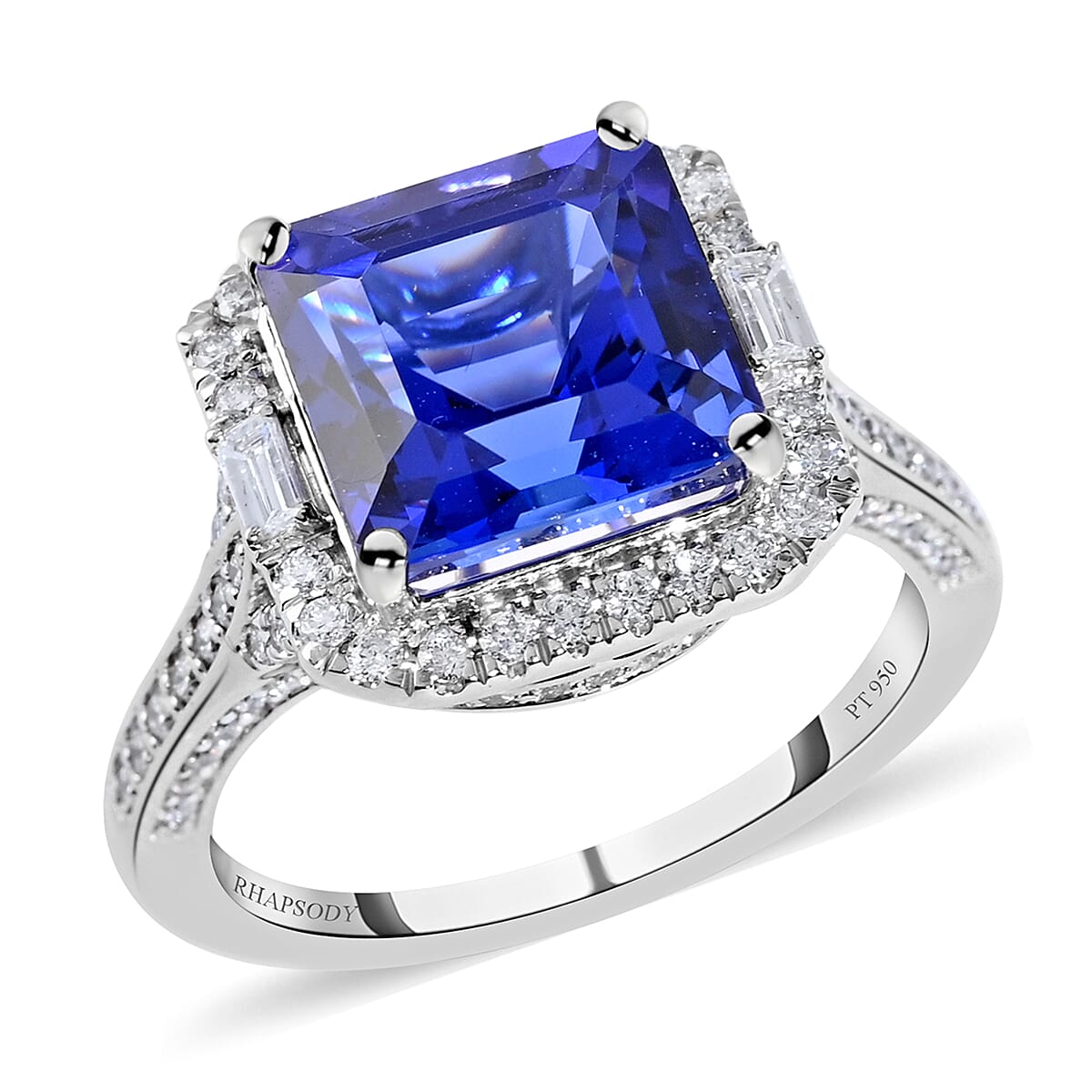AGI Certified and Appraised RHAPSODY 950 Platinum AAAA Tanzanite and VS EF Diamond Halo Ring 8.50 Grams 6.70 ct