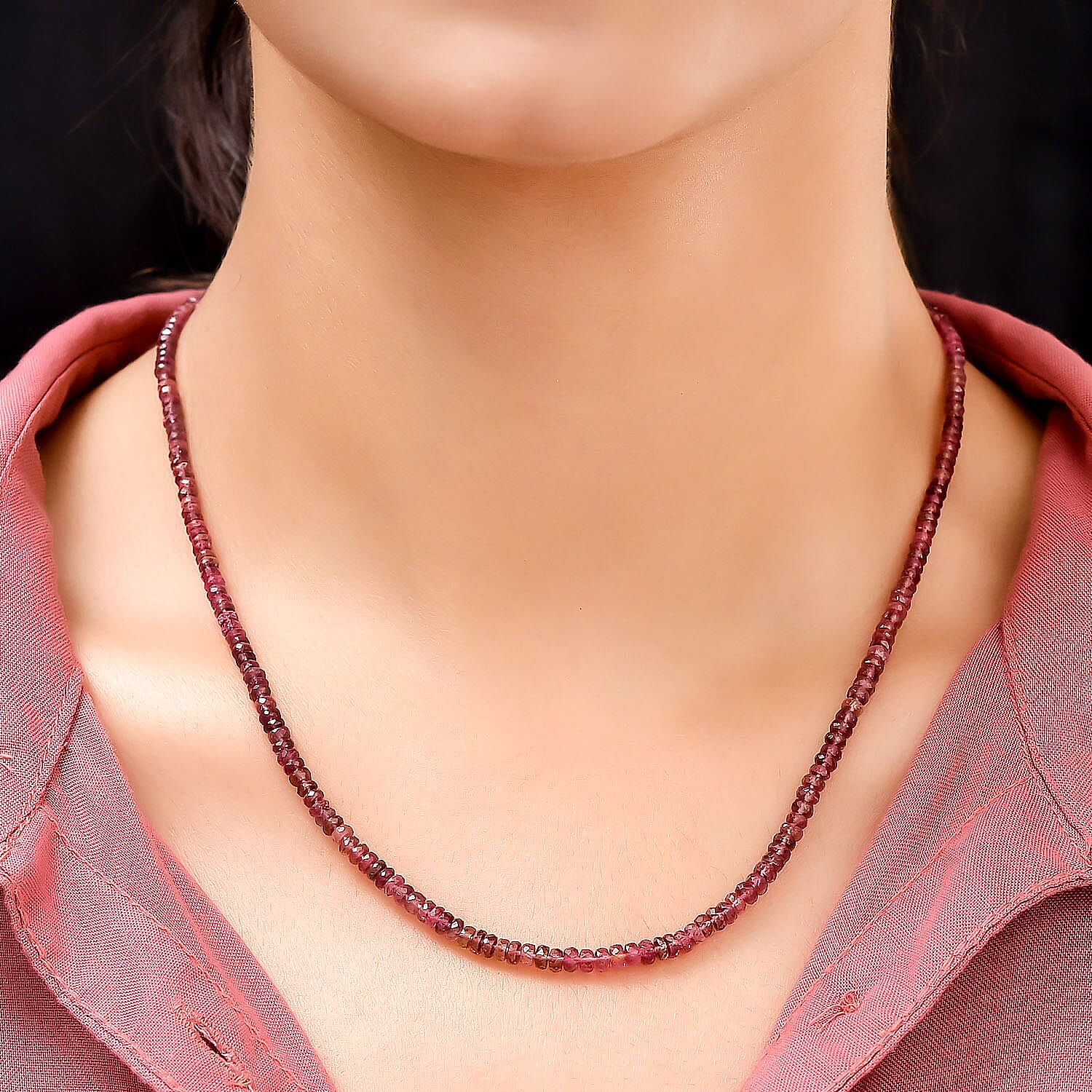 9K Yellow Gold AAA Ouro Fino Rubellite Beads Necklace (Size - 18) 43.70 Ct.