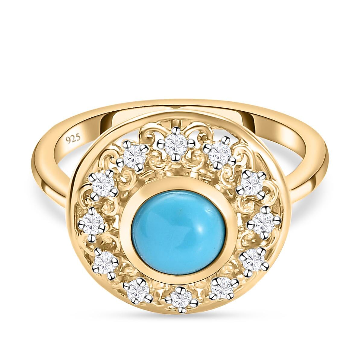 Arizona Sleeping Beauty Turquoise and Natural Cambodian Zircon Ring in Vermeil Yellow Gold Overlay Sterling Silver
