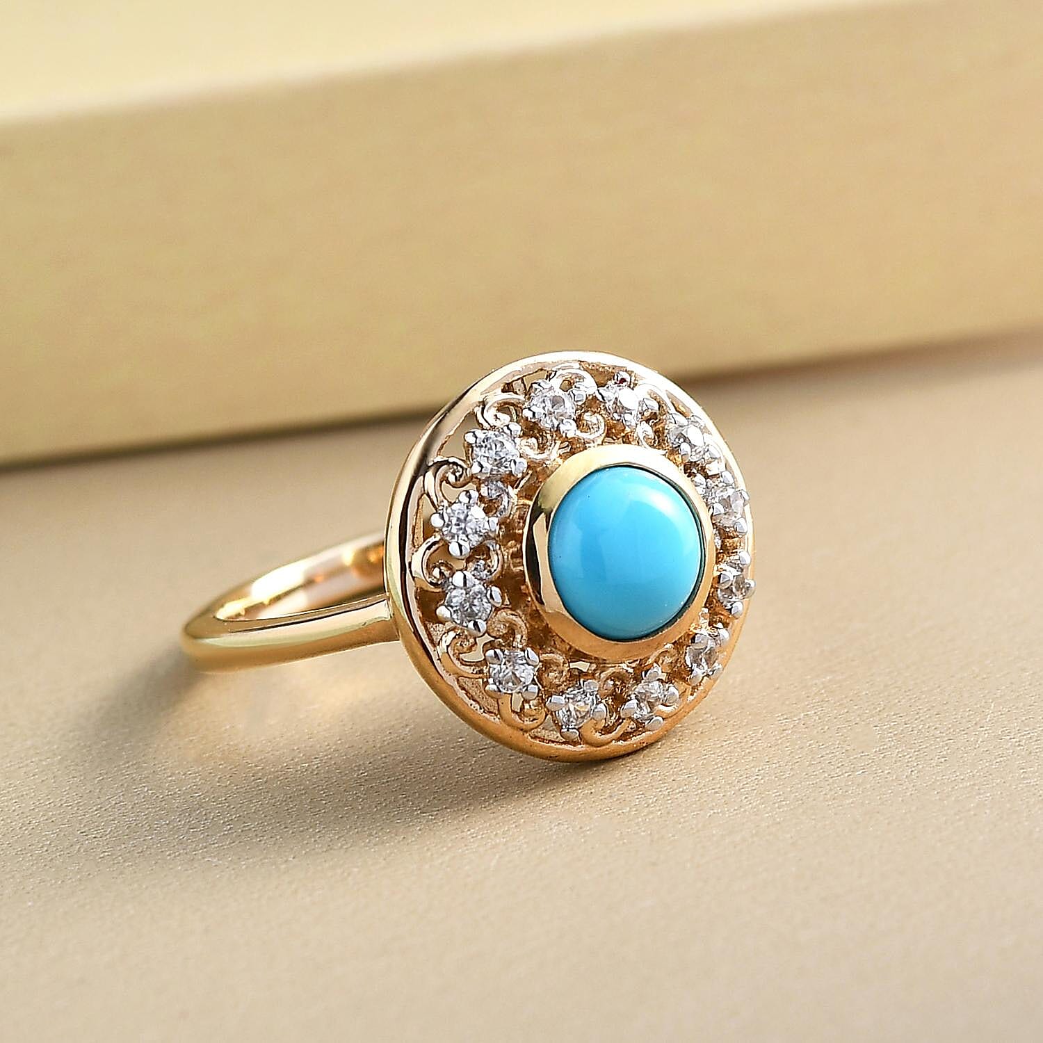Arizona Sleeping Beauty Turquoise and Natural Cambodian Zircon Ring in Vermeil Yellow Gold Overlay Sterling Silver
