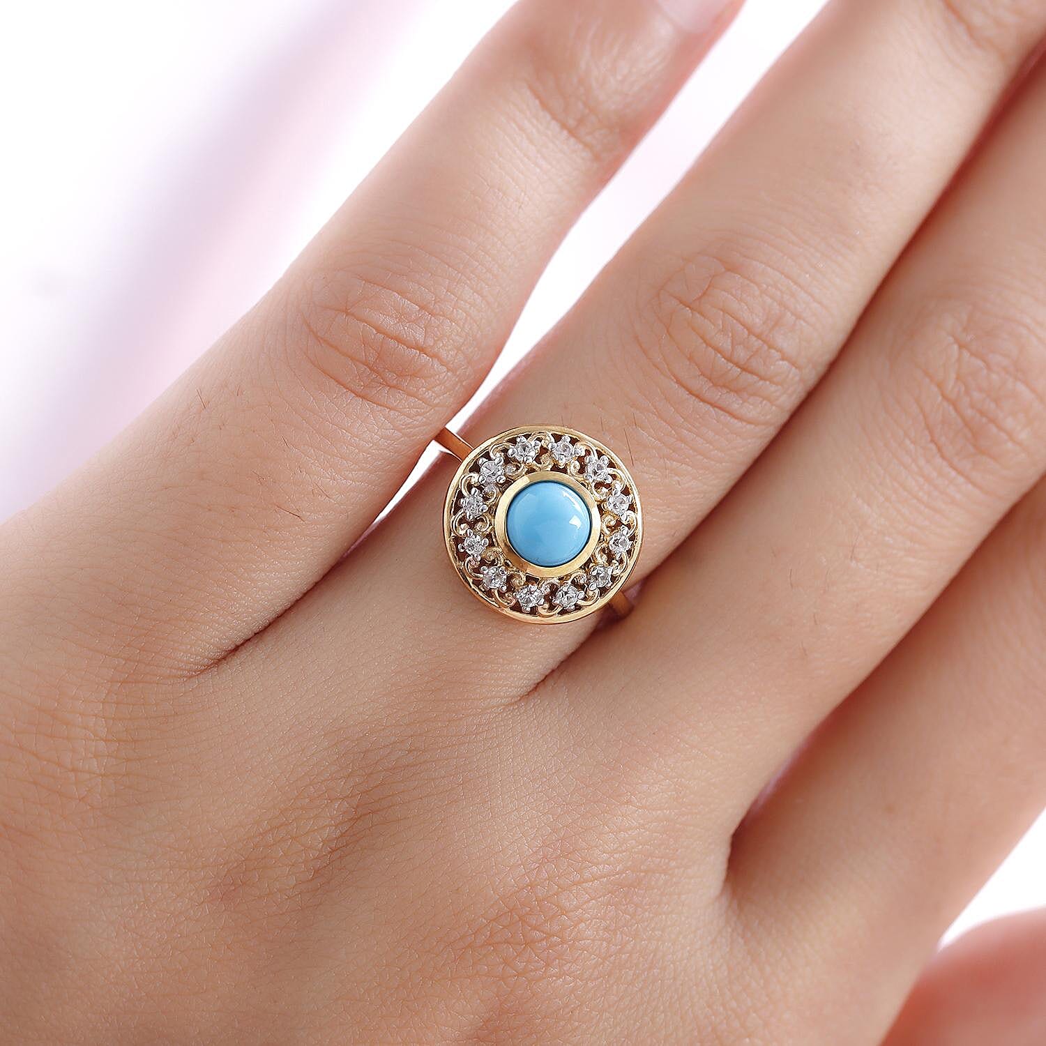 Arizona Sleeping Beauty Turquoise and Natural Cambodian Zircon Ring in Vermeil Yellow Gold Overlay Sterling Silver