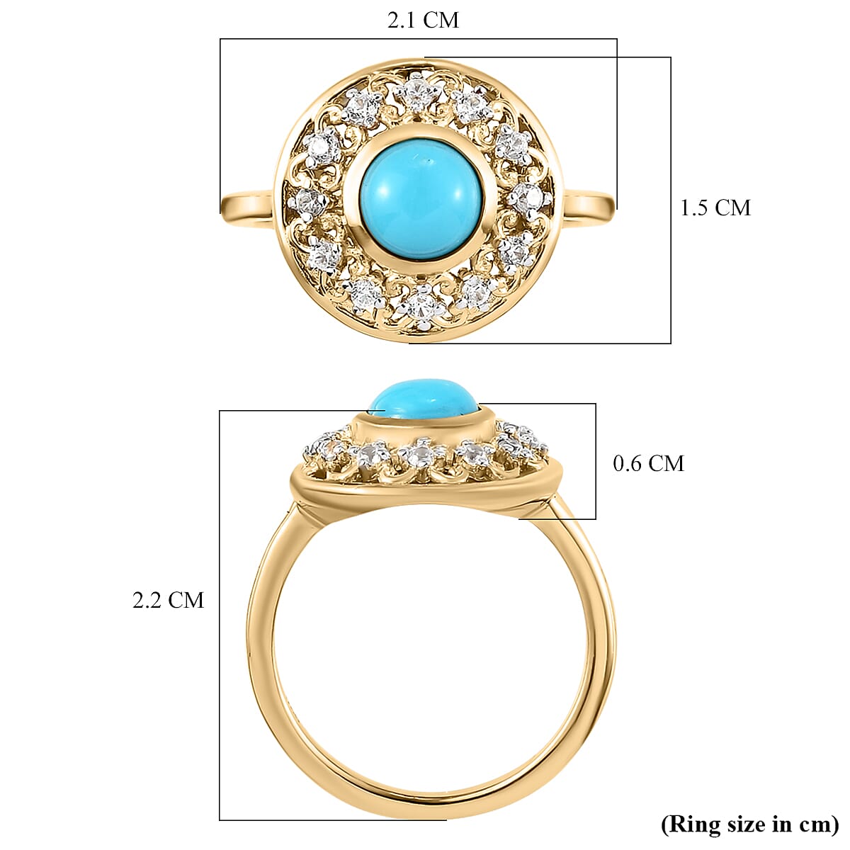 Arizona Sleeping Beauty Turquoise and Natural Cambodian Zircon Ring in Vermeil Yellow Gold Overlay Sterling Silver