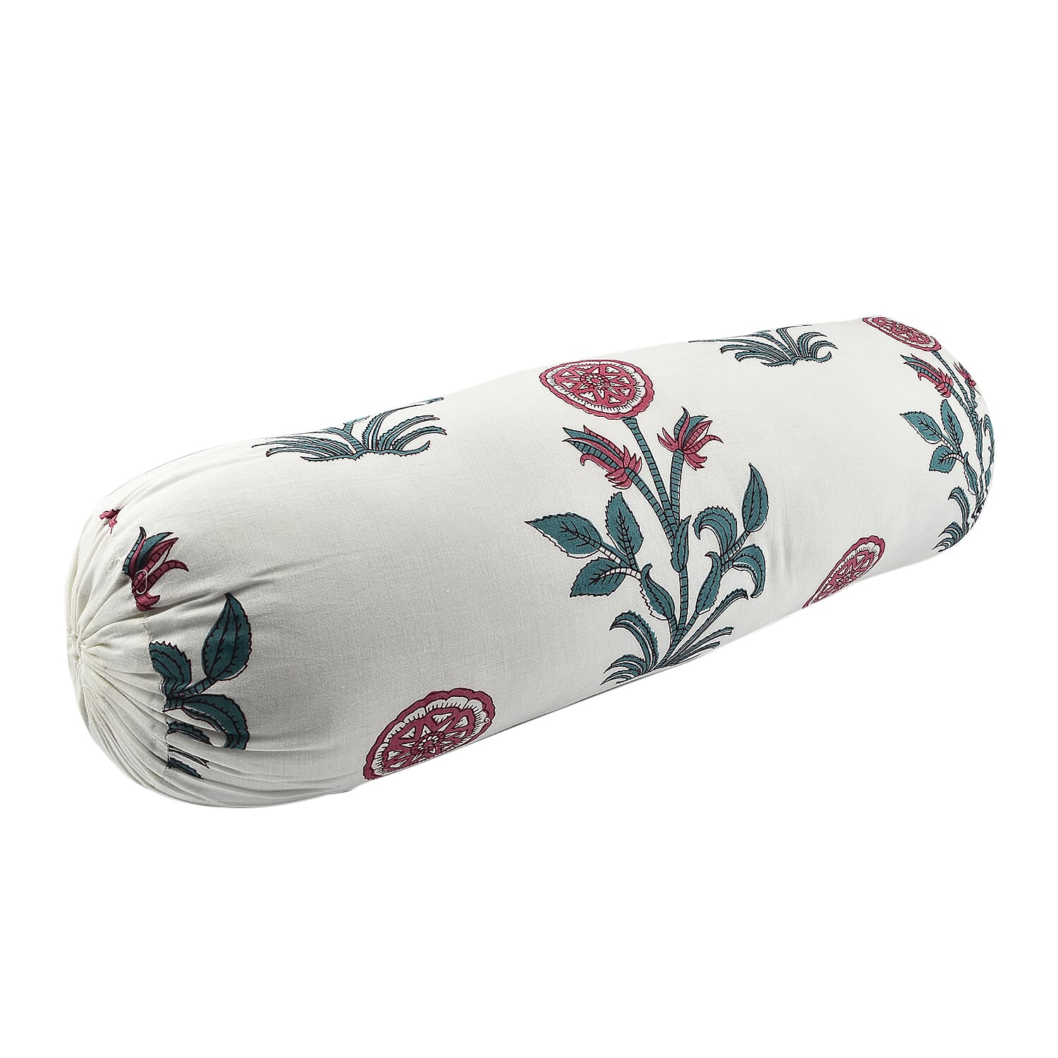 Cotton Block Printed Bolster with Poly Fiber Filling (Size 50x16 Cm) - Red & Green