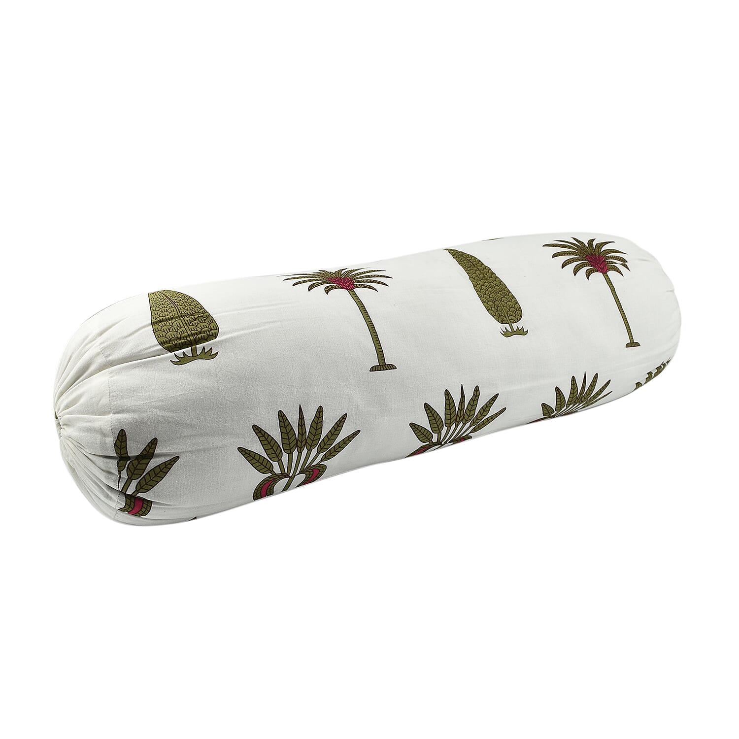 Cotton Block Printed Bolster with Poly Fiber Filling (Size 50x16 Cm) - Olive