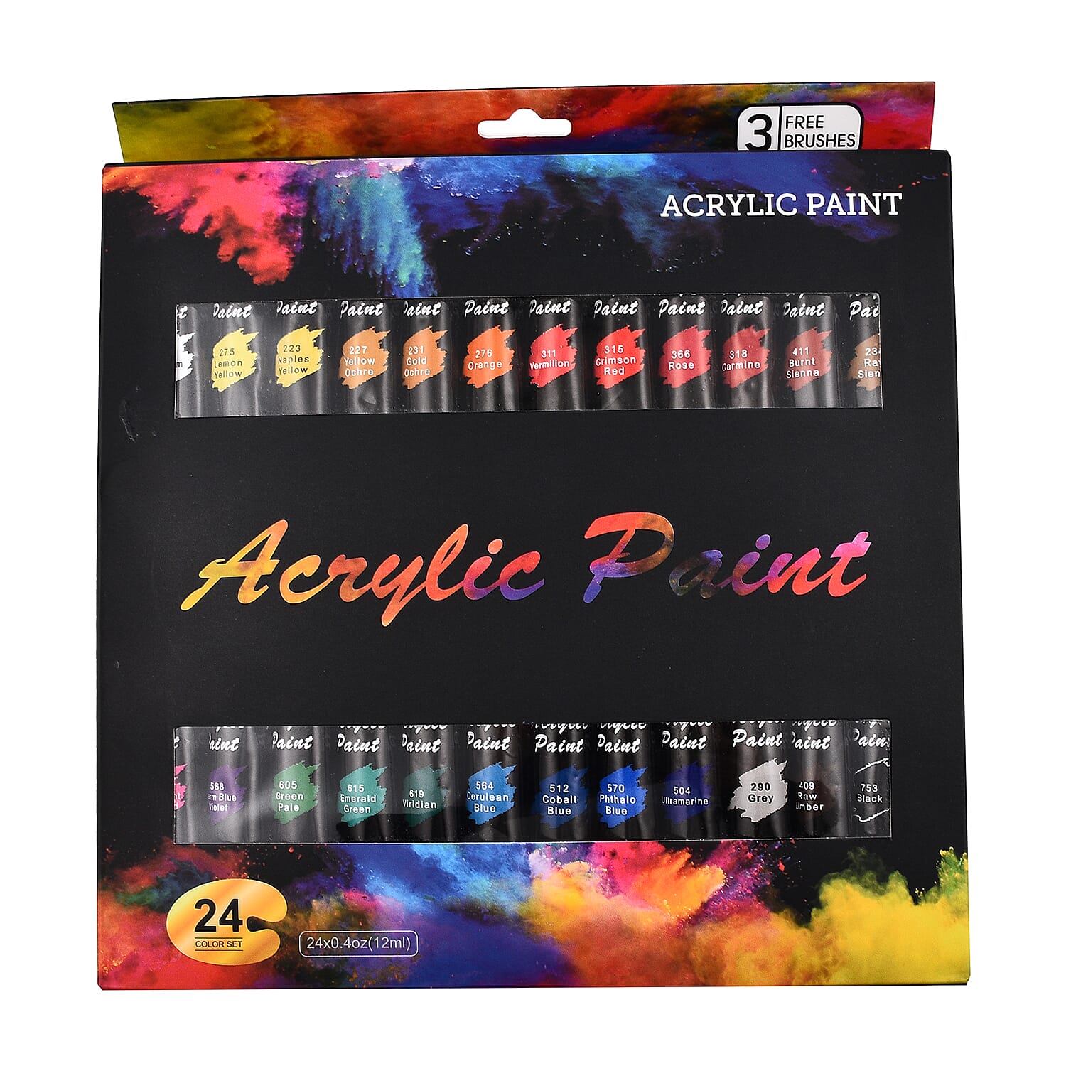 24 Piece Acrylic Paint Set with 3 Brushes - (24x12ml)