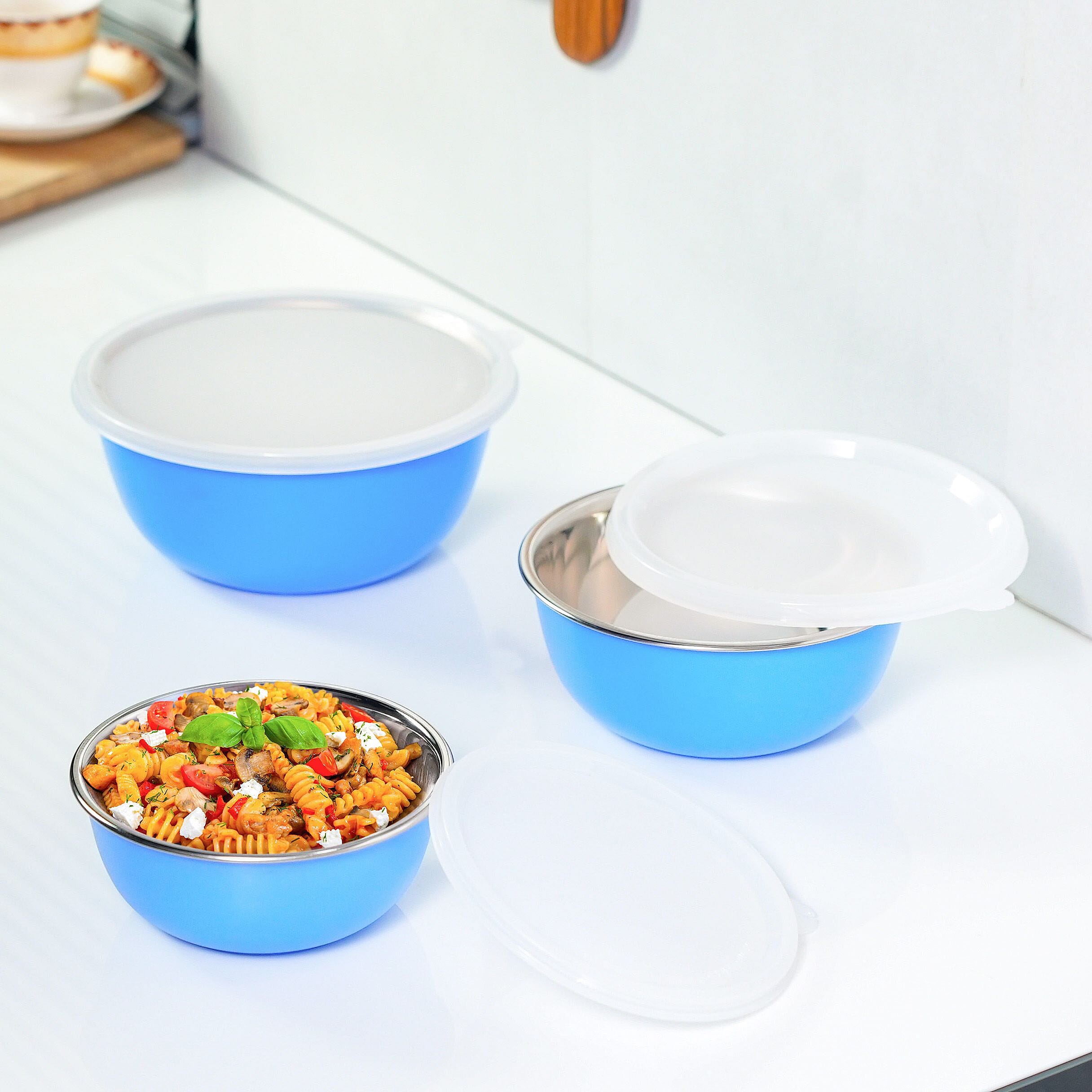 Set of 3 Stackable Micro-wave Safe Mixing Bowls with Lid - Blue