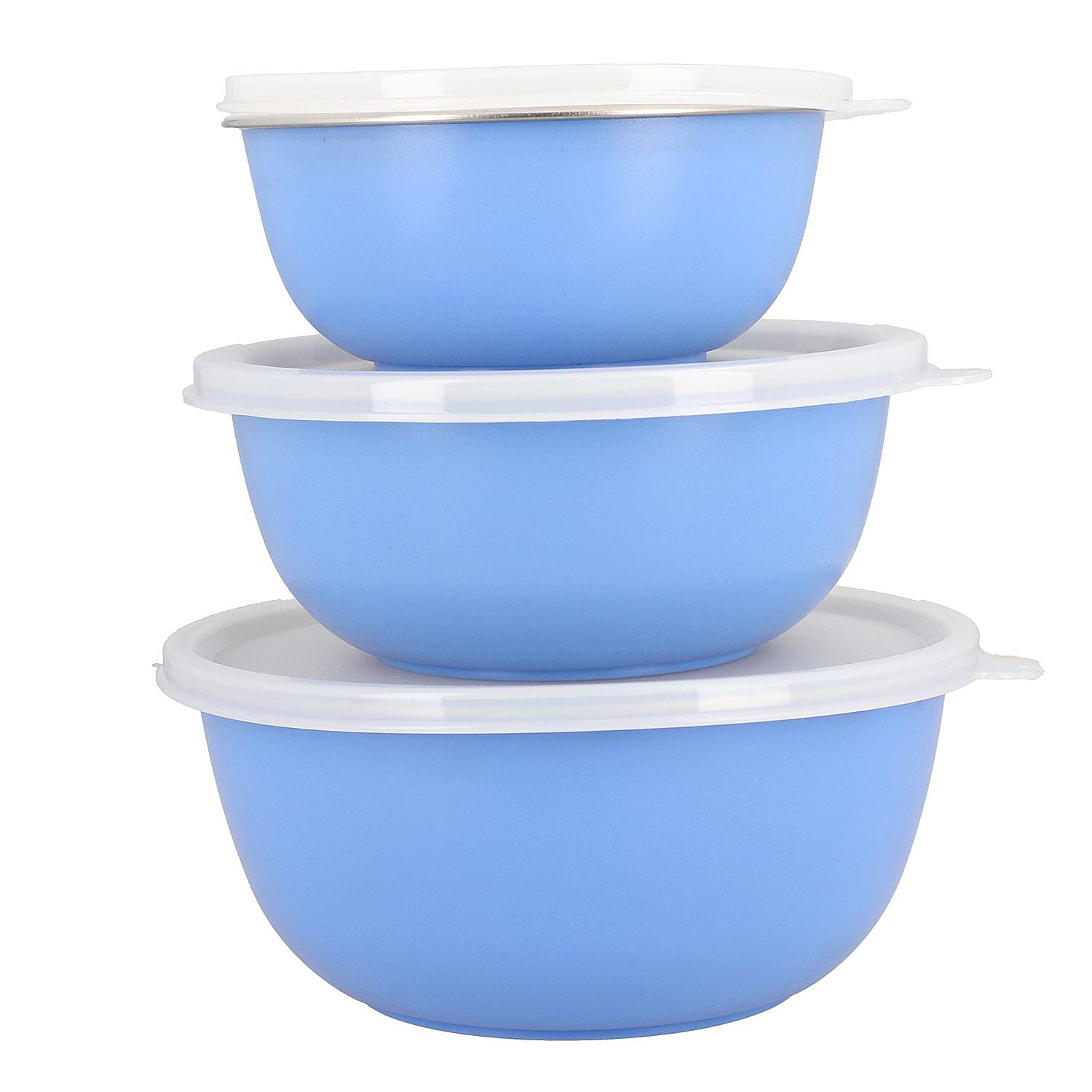 Set of 3 Stackable Micro-wave Safe Mixing Bowls with Lid - Blue