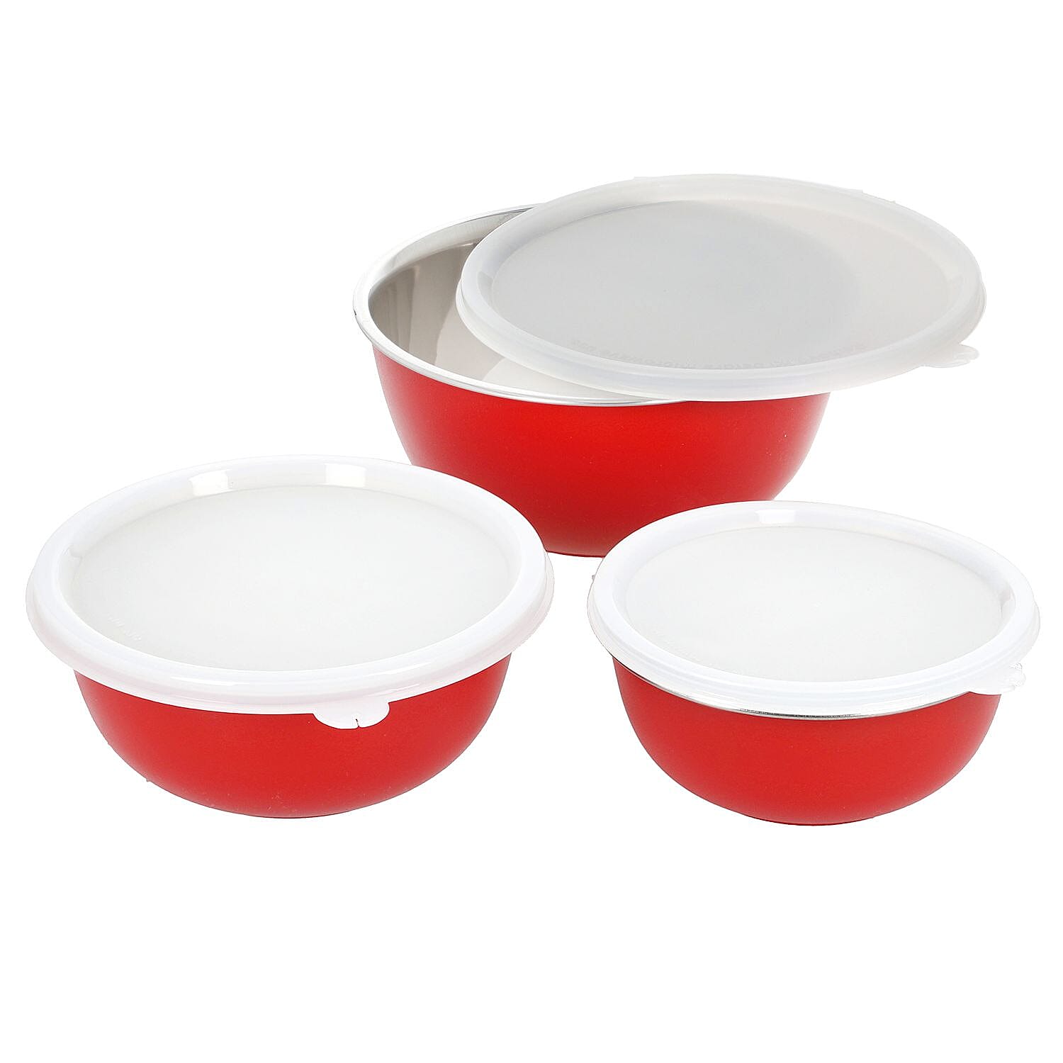 Set of 3 Stackable Micro-wave Safe Mixing Bowls with Lids (Size 18x9,16x8,14x7 Cm) - Red