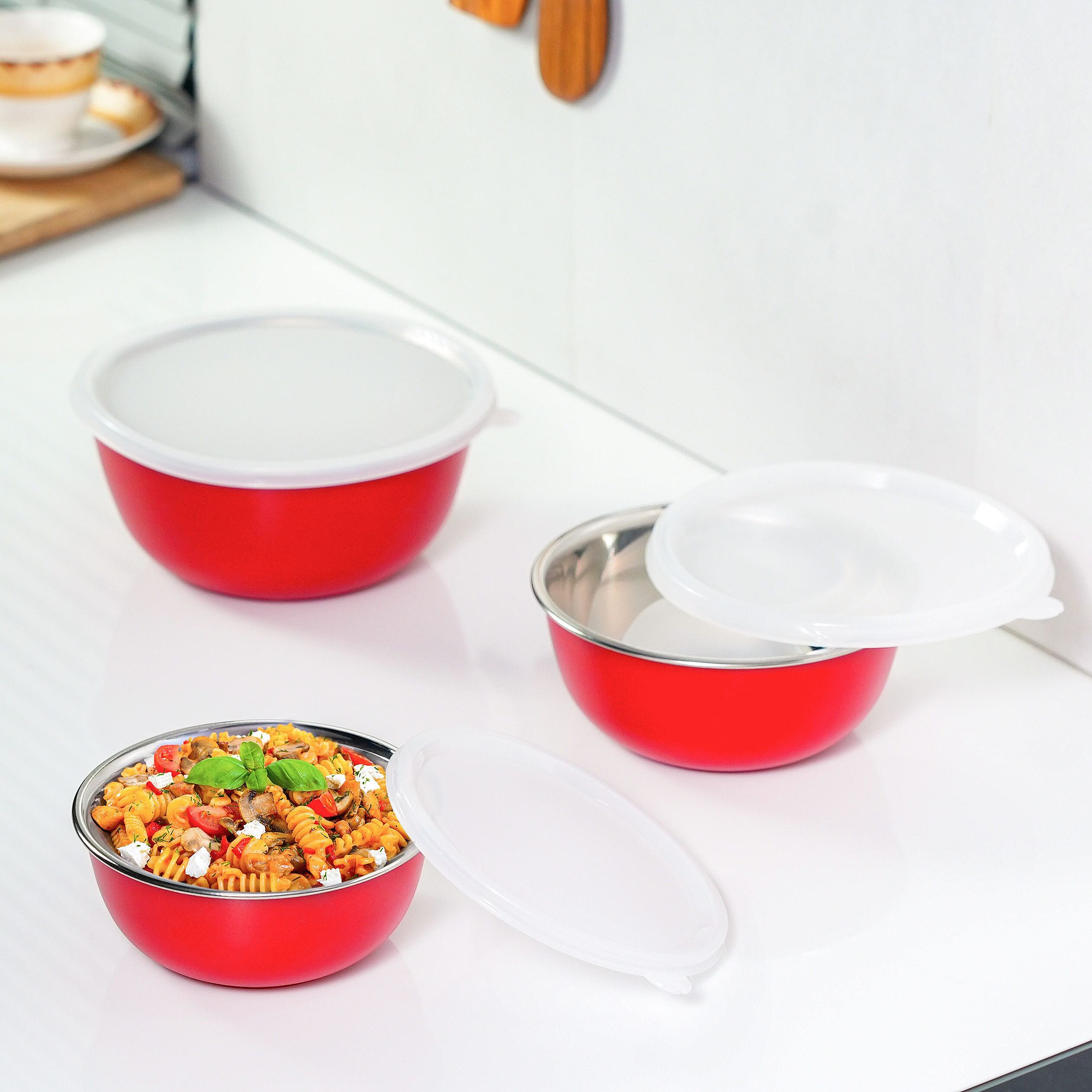 Set of 3 Stackable Micro-wave Safe Mixing Bowls with Lids (Size 18x9,16x8,14x7 Cm) - Red