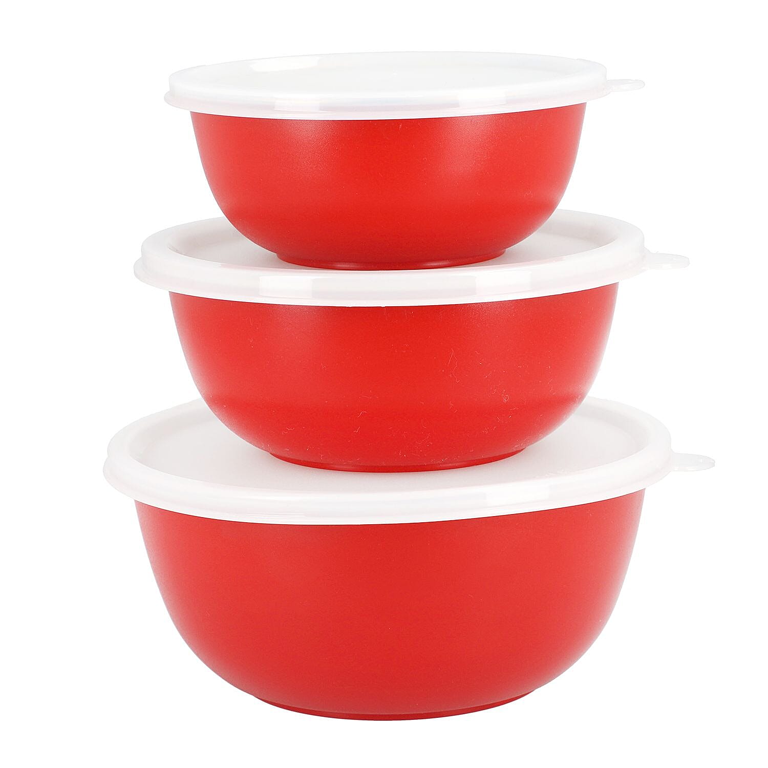 Set of 3 Stackable Micro-wave Safe Mixing Bowls with Lids (Size 18x9,16x8,14x7 Cm) - Red