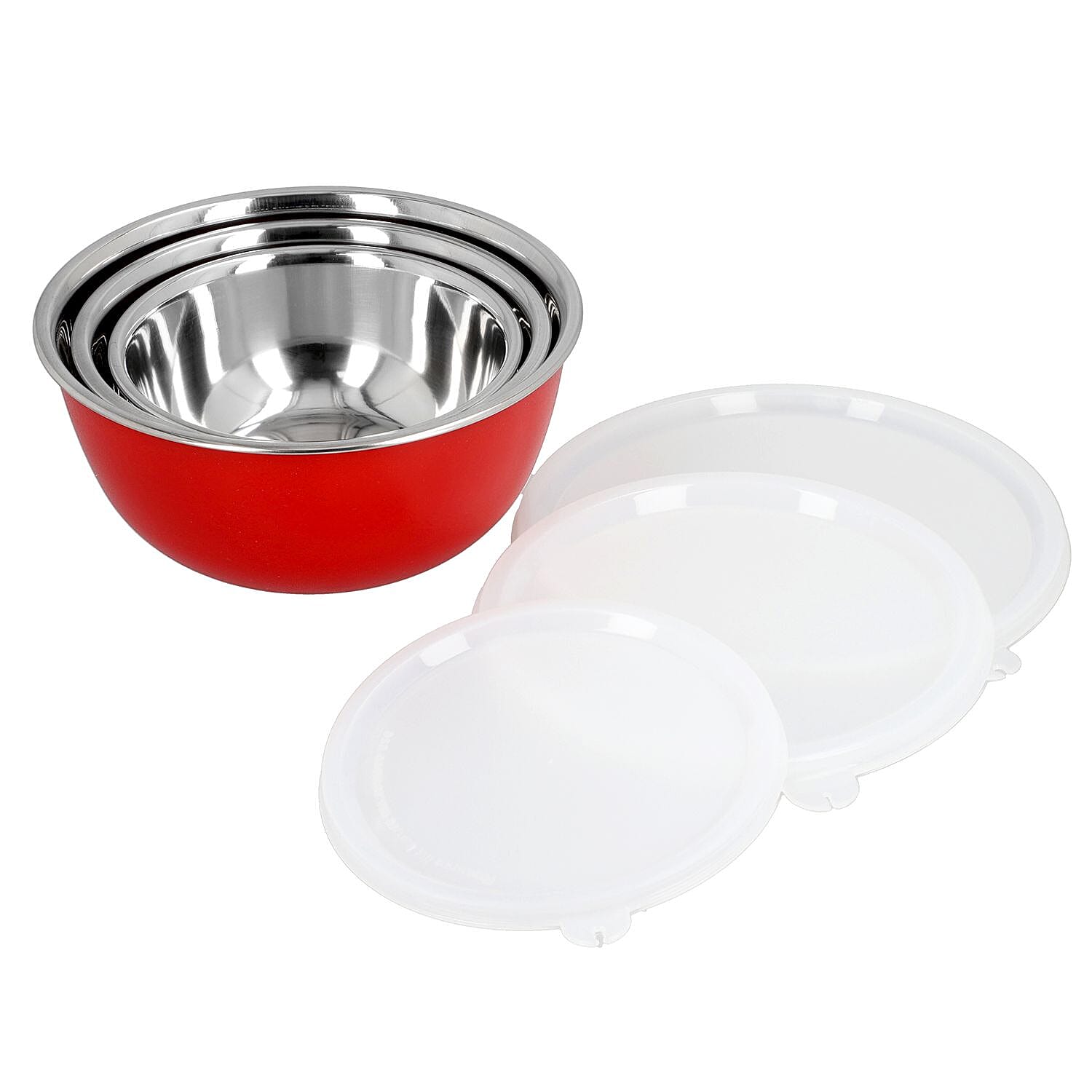 Set of 3 Stackable Micro-wave Safe Mixing Bowls with Lids (Size 18x9,16x8,14x7 Cm) - Red