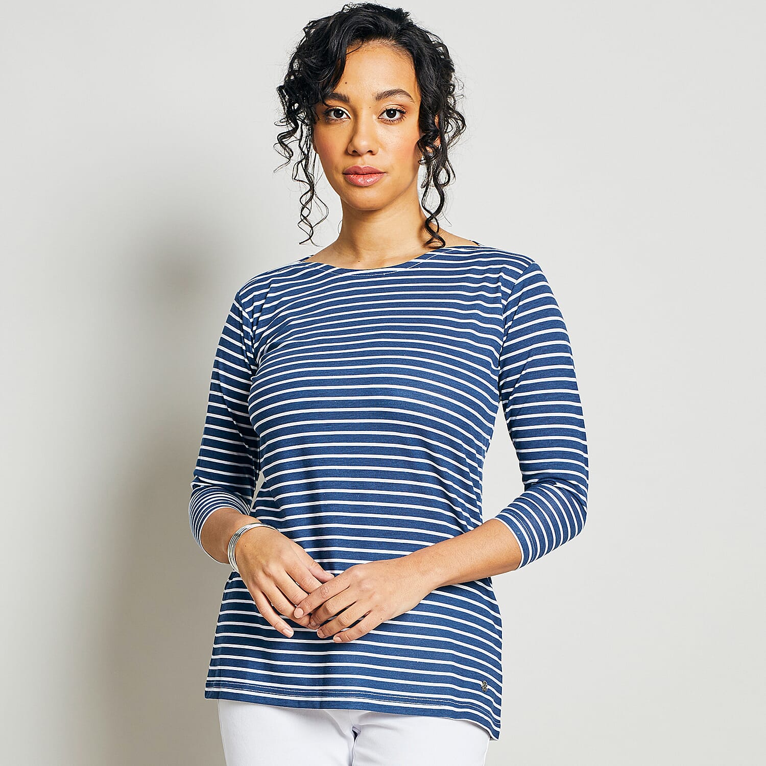 Emreco Striped Boat Neck Top (Size 12) - Navy