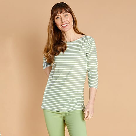 Emreco Striped Boat Neck Top (Size 12) - Khaki