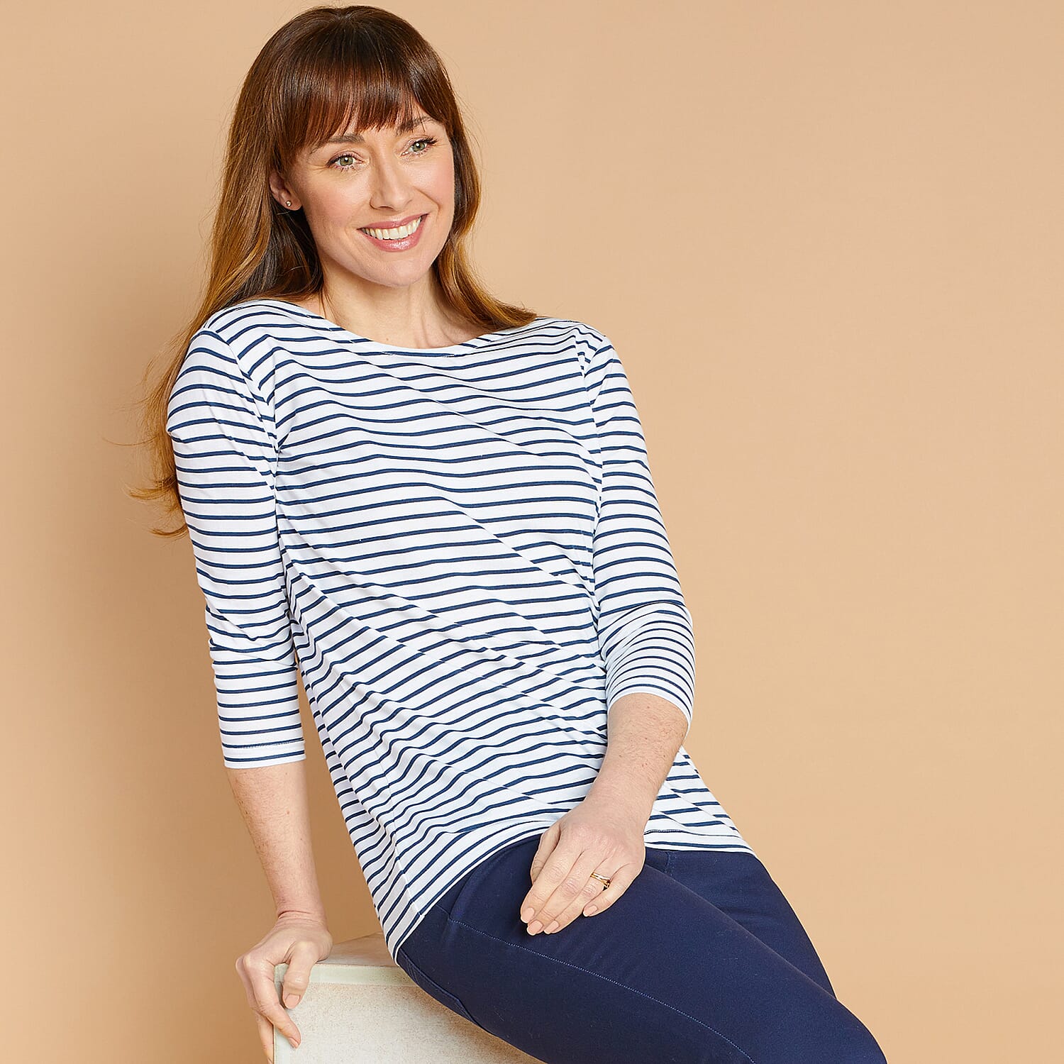 Emreco Striped Boat Neck Top (Size 12) - White & Navy