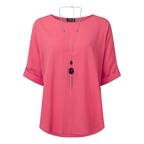 Emreco Oversized Woven Top with Necklace - Pink (Size 18)