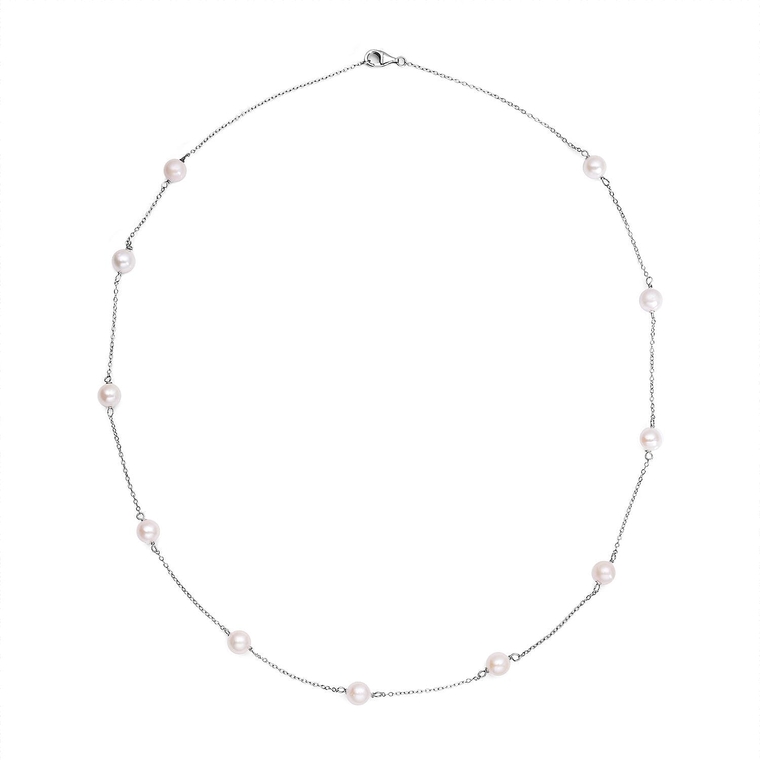 Japanese Akoya Pearl Station Necklace (Size - 20) in Rhodium Overlay Sterling Silver