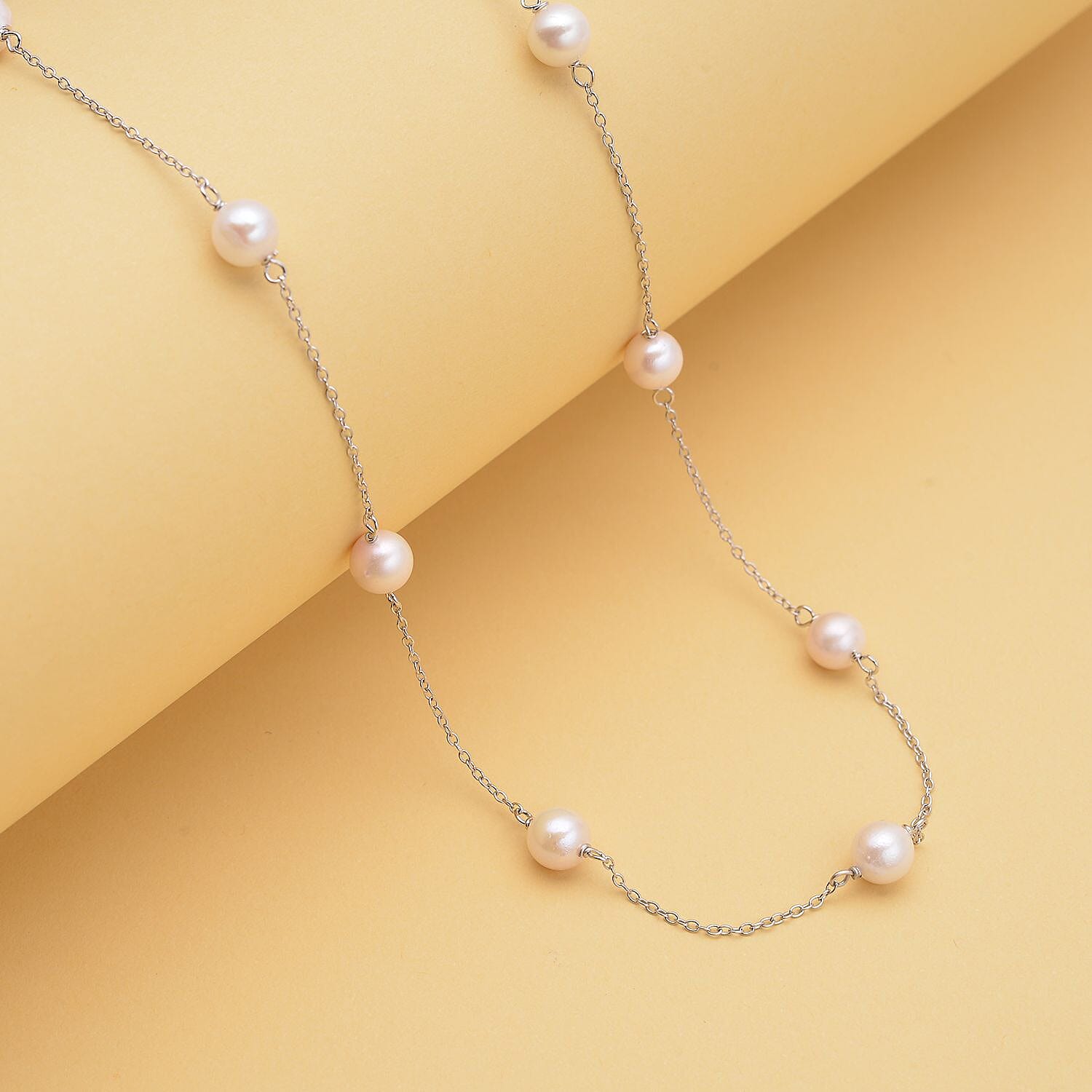 Japanese Akoya Pearl Station Necklace (Size - 20) in Rhodium Overlay Sterling Silver