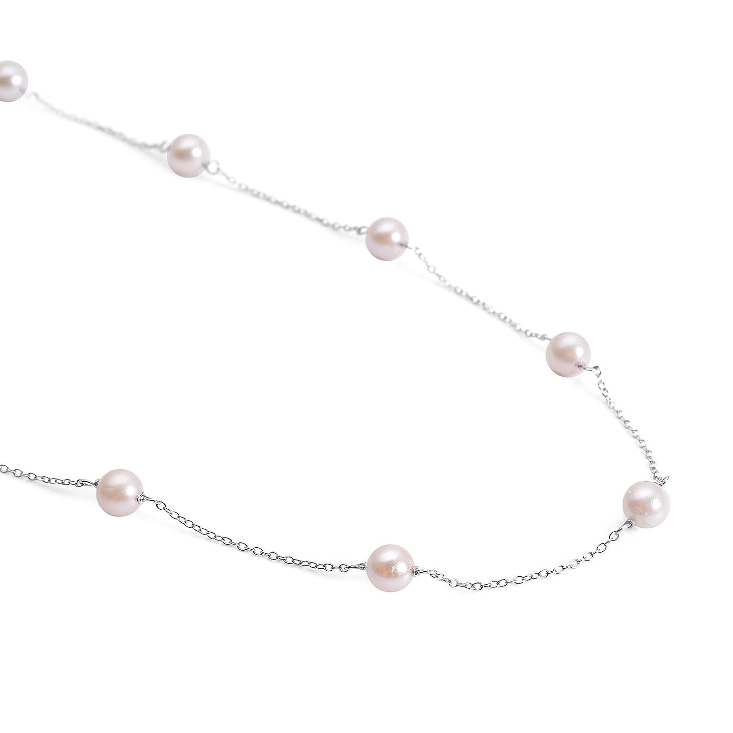 Japanese Akoya Pearl Station Necklace (Size - 20) in Rhodium Overlay Sterling Silver