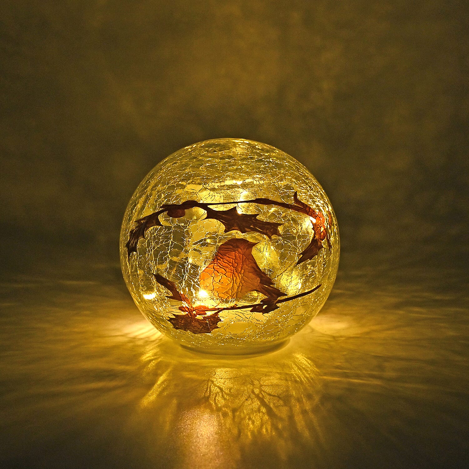 Cracked Glass Sphere Table Lamp with Brown Bird and Branches Pattern (Size 15x15x14 Cm) - Multi