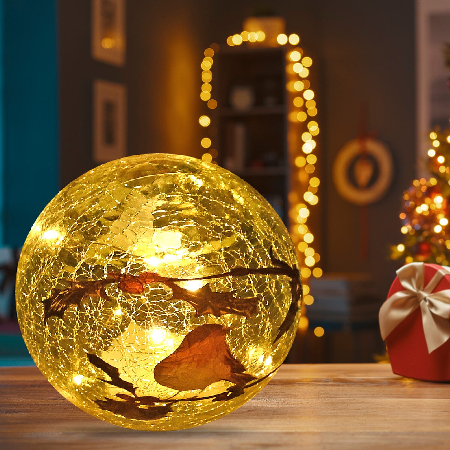 Cracked Glass Sphere Table Lamp with Brown Bird and Branches Pattern (Size 15x15x14 Cm) - Multi