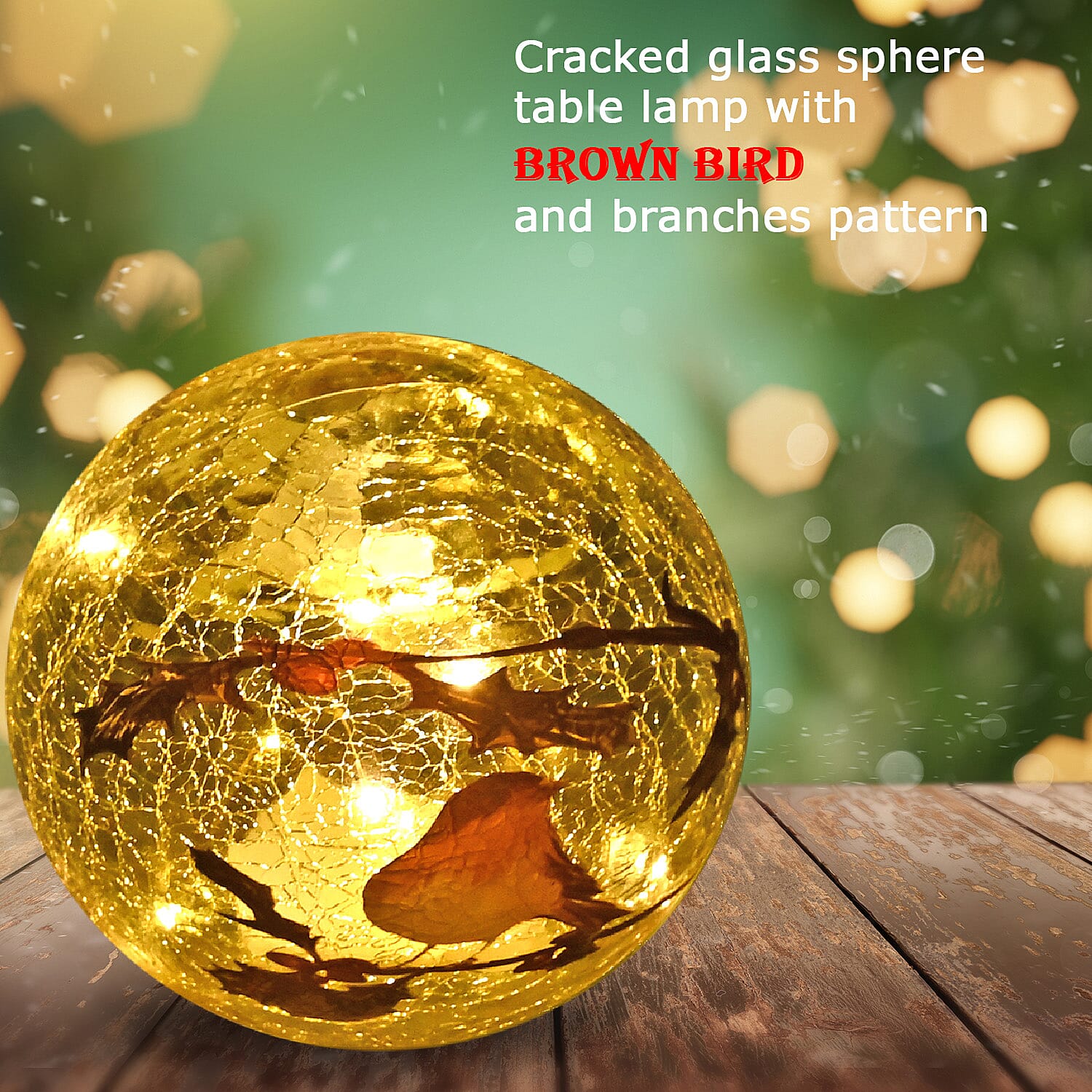 Cracked Glass Sphere Table Lamp with Brown Bird and Branches Pattern (Size 15x15x14 Cm) - Multi