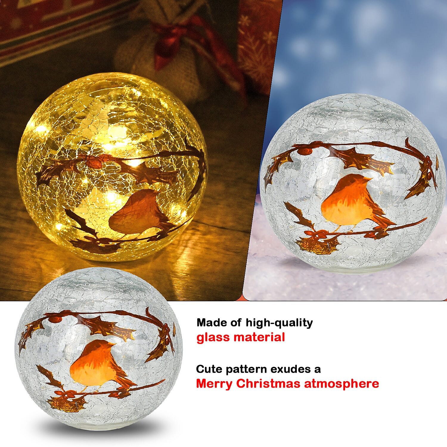 Cracked Glass Sphere Table Lamp with Brown Bird and Branches Pattern (Size 15x15x14 Cm) - Multi