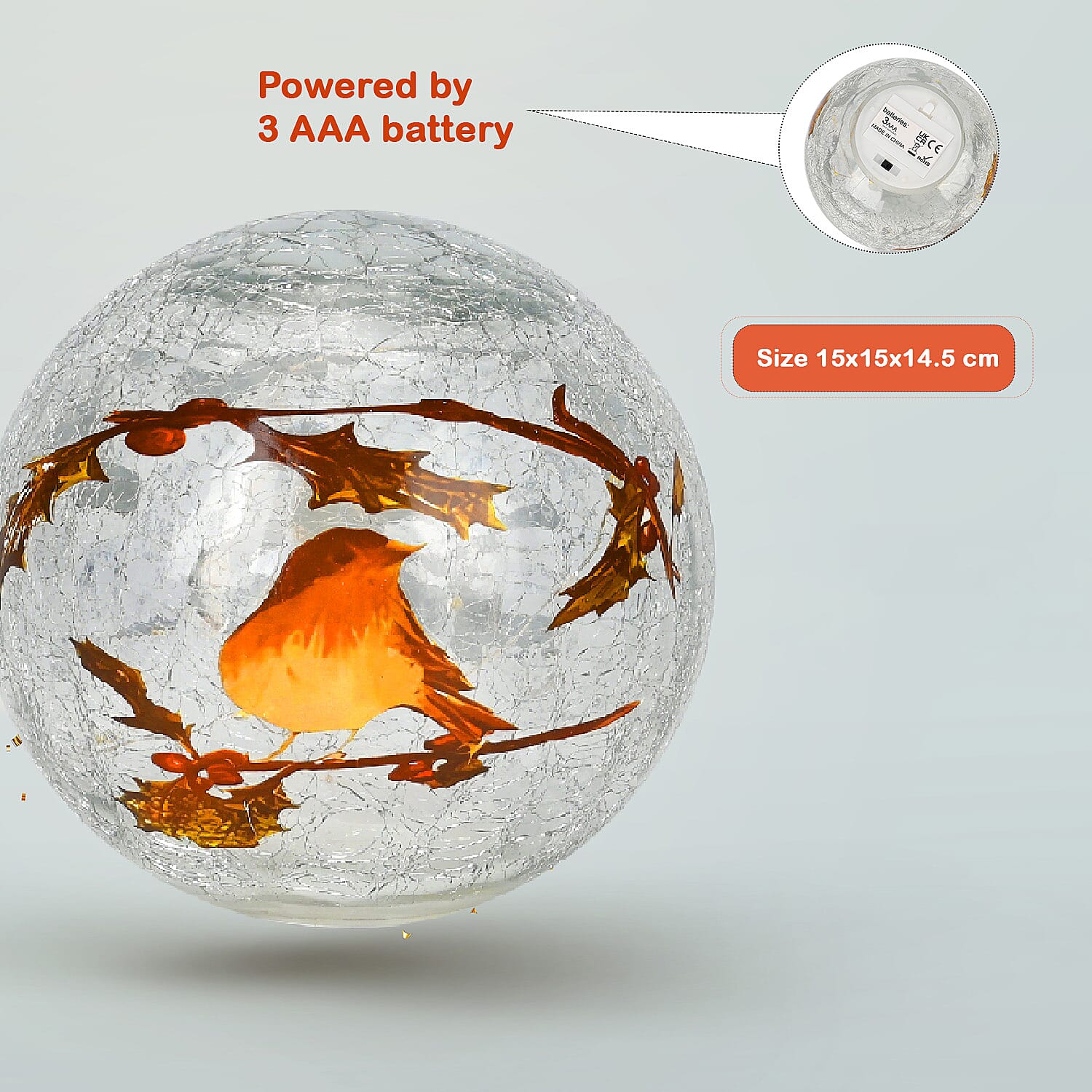 Cracked Glass Sphere Table Lamp with Brown Bird and Branches Pattern (Size 15x15x14 Cm) - Multi