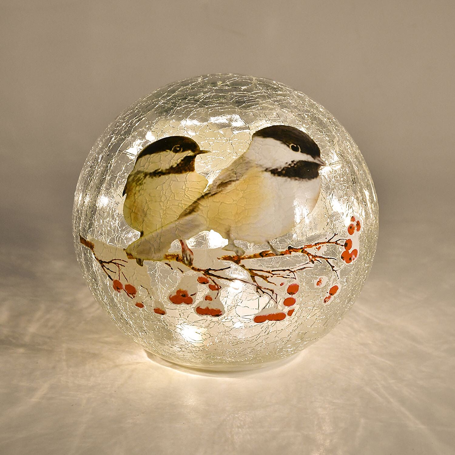 Crackle Glass Sphere LED Table Lamp with Two Lovely Birds on a Branch Pattern (Size 15X15X14 Cm) - Multi