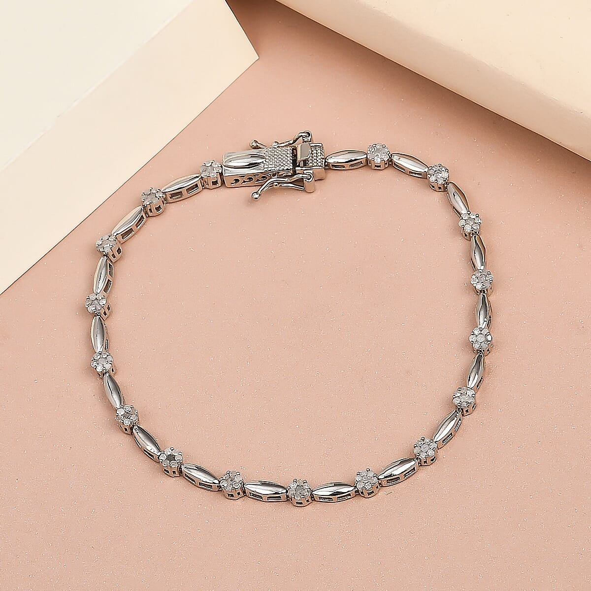 Diamond Bracelet (Size - 7.5) in Platinum Overlay Sterling Silver 1.00 Ct, Silver Wt. 7.38 Gms