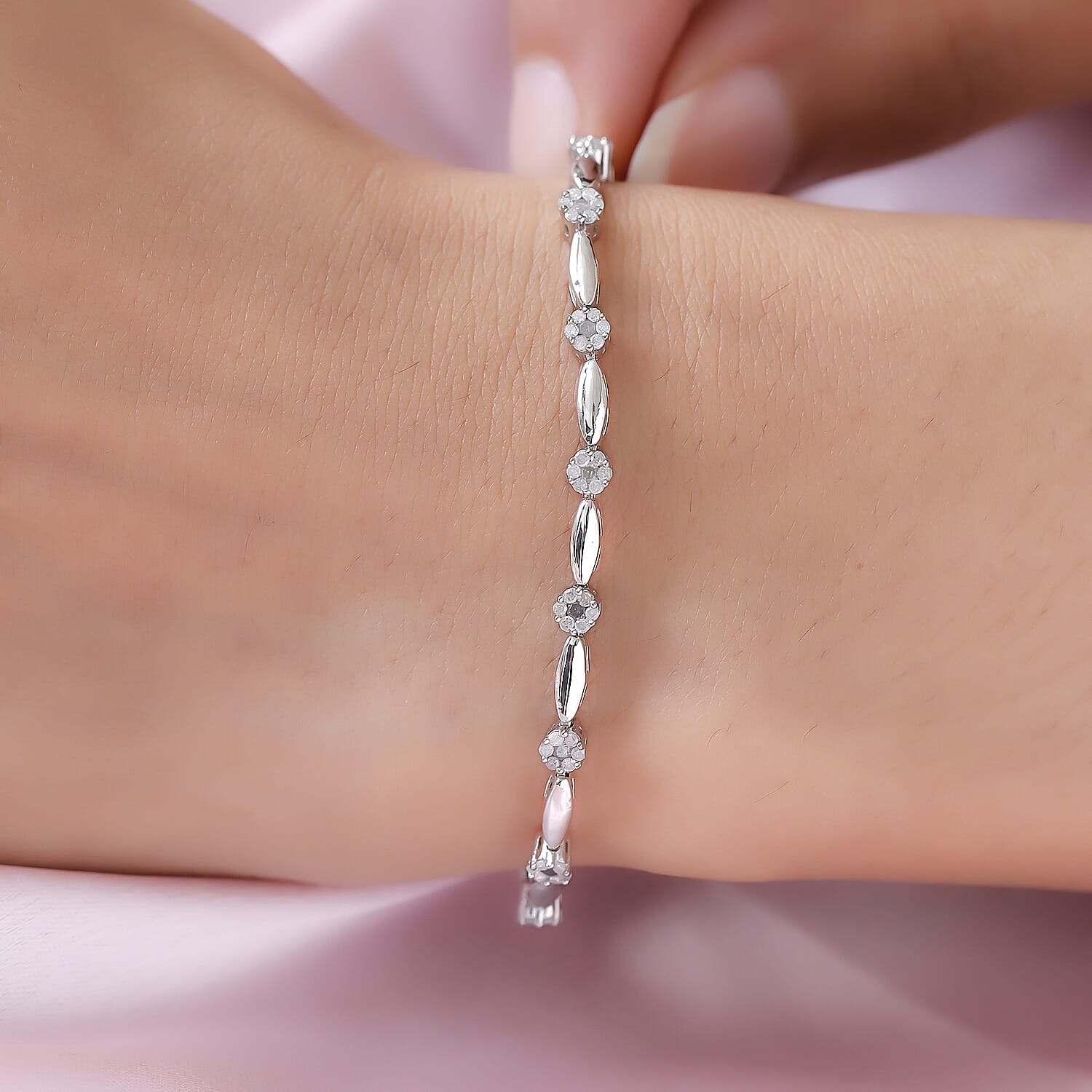 Diamond Bracelet (Size - 7.5) in Platinum Overlay Sterling Silver 1.00 Ct, Silver Wt. 7.38 Gms