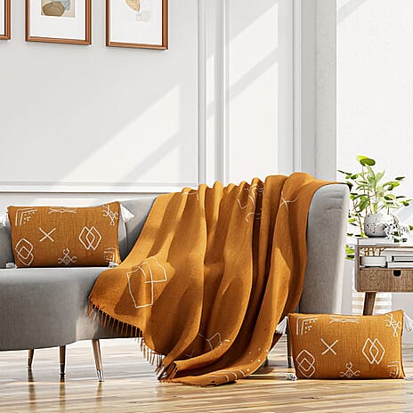100% Cotton Hand Embroidered Throw (Size 170x130 Cm) with Cushion Covers (Size 50x30 Cm) - Dark Orange